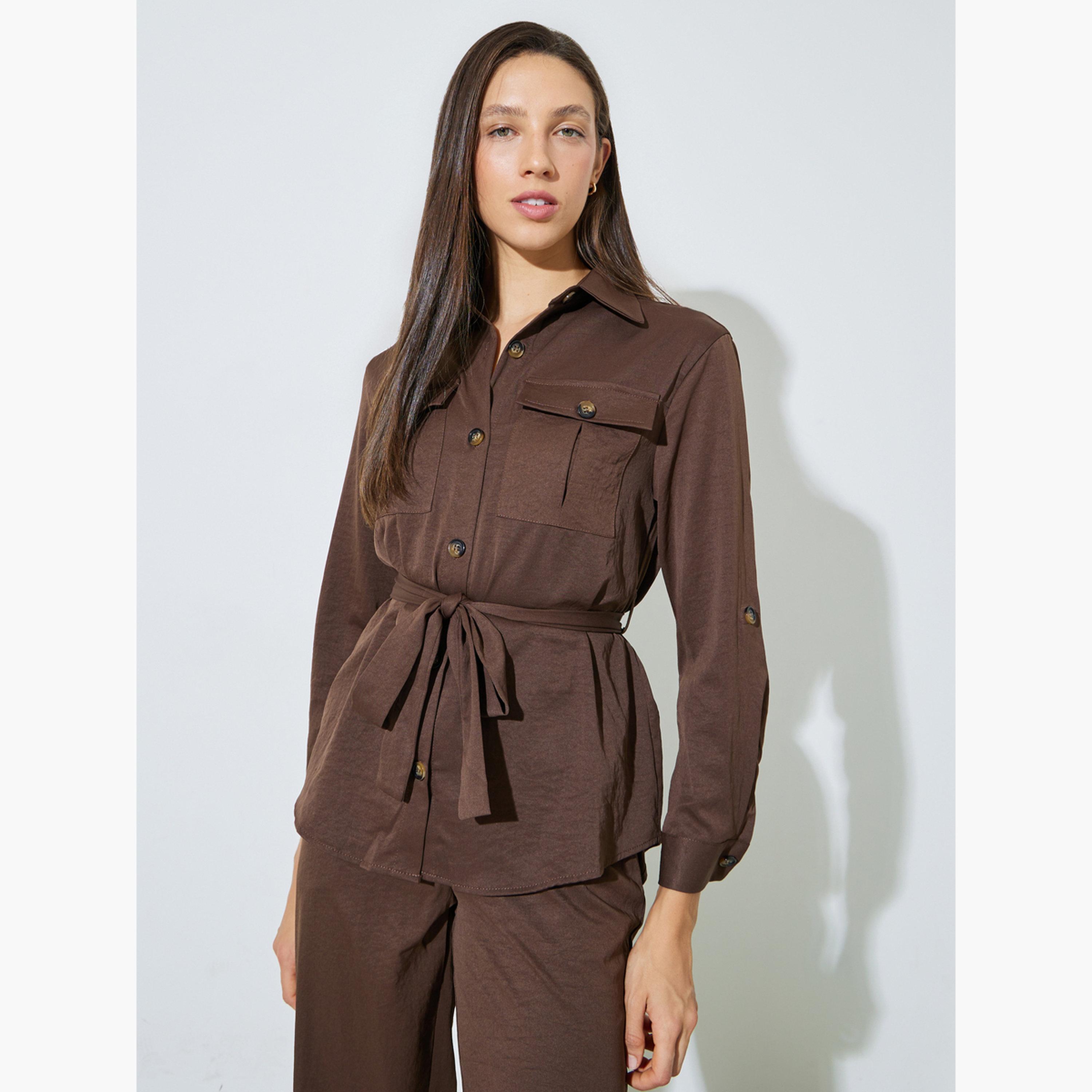 طقم منسق من بنطال وبلوزة بأكمام مطوية وجيوب-women-clothing-coordsets-image-2