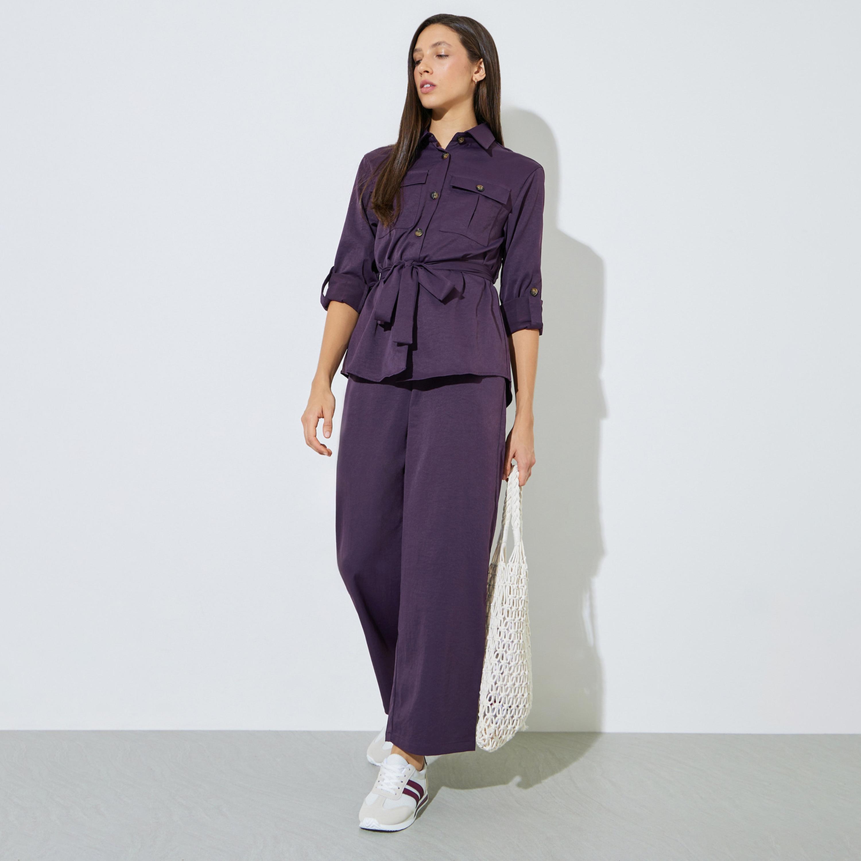 Styli Purple Roll-Up Sleeve Pocketed Shirt and Pants Co-ord Set-women-clothing-coordsets-image-1