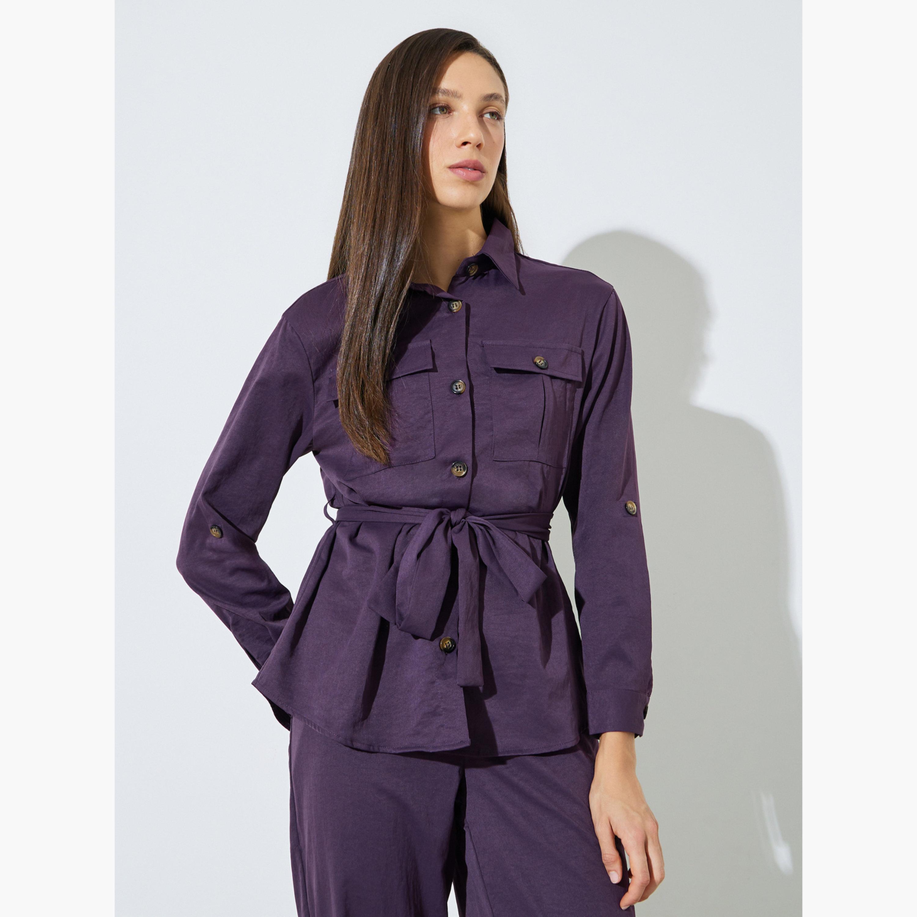 Styli Purple Roll-Up Sleeve Pocketed Shirt and Pants Co-ord Set-women-clothing-coordsets-image-2