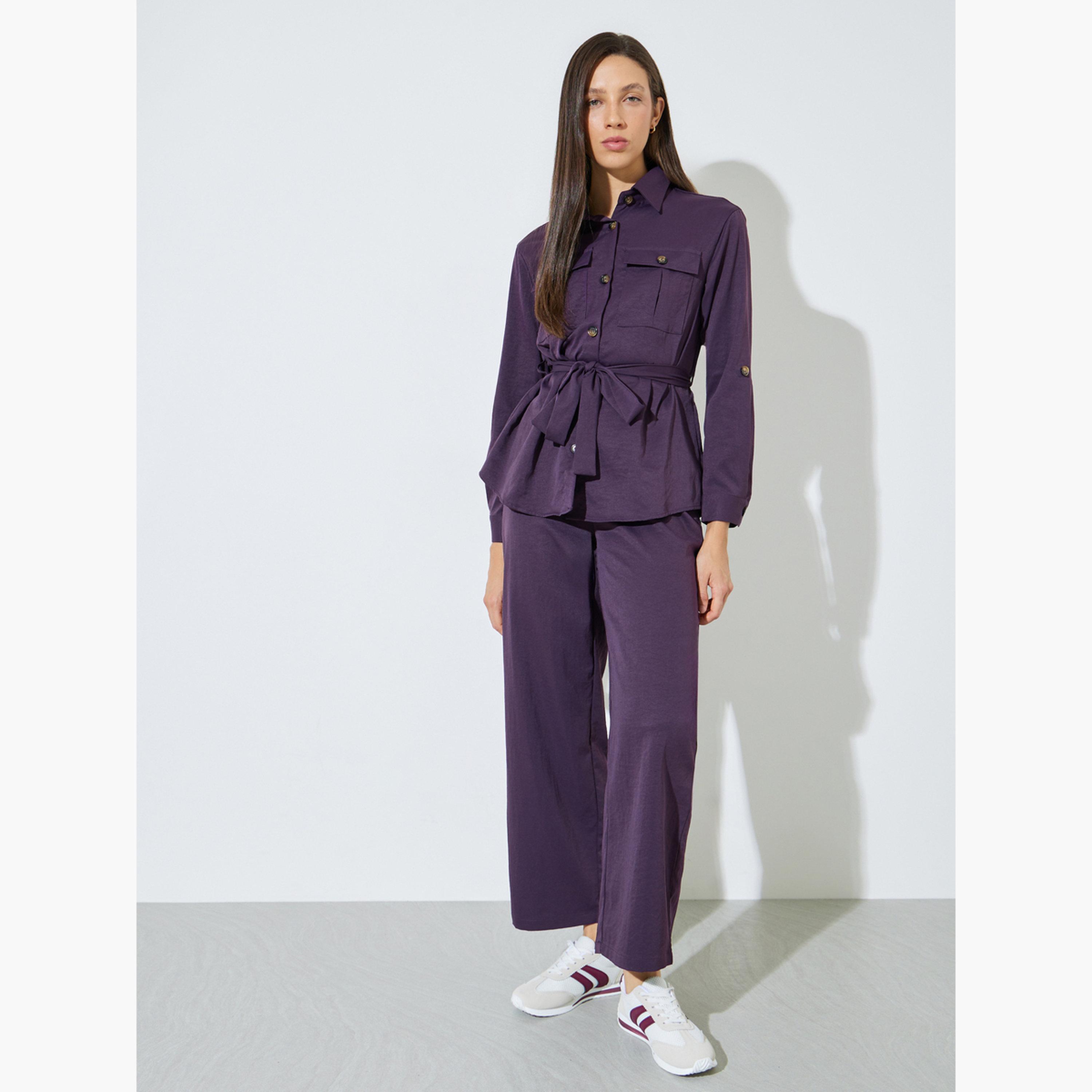 Styli Purple Roll-Up Sleeve Pocketed Shirt and Pants Co-ord Set-women-clothing-coordsets-image-3