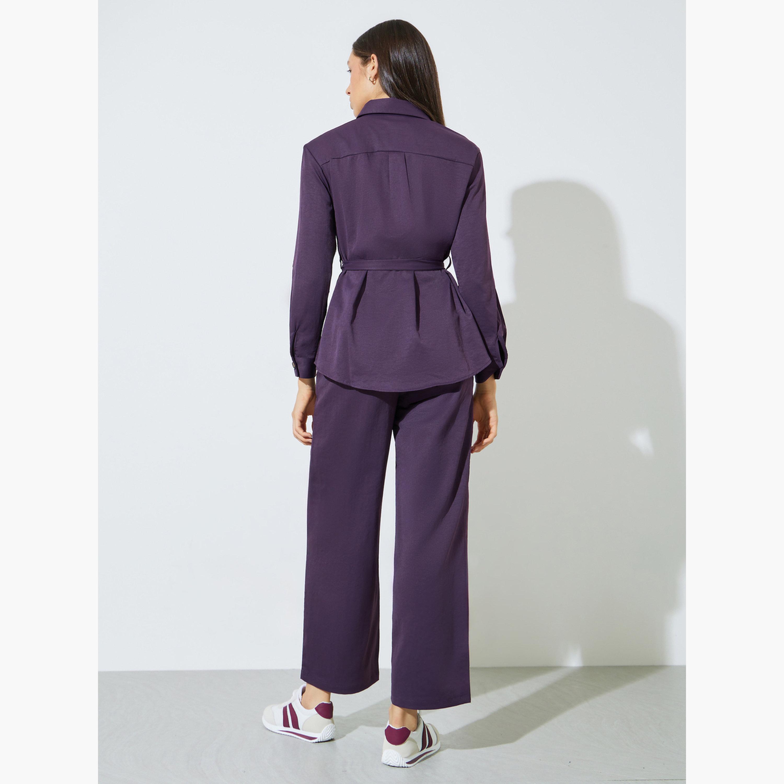 Styli Purple Roll-Up Sleeve Pocketed Shirt and Pants Co-ord Set-women-clothing-coordsets-image-4