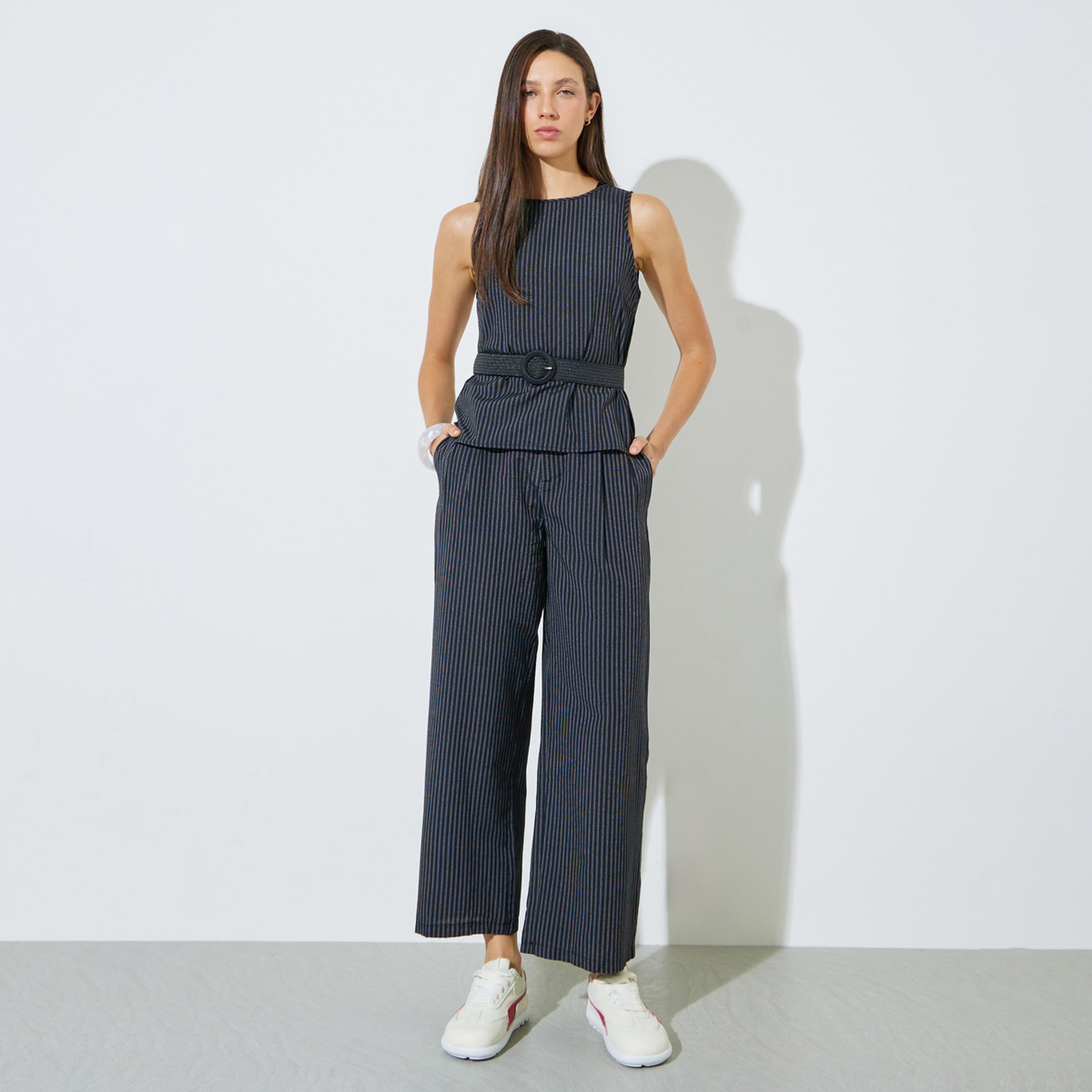 Styli Black Striped Belted Top and Pants Co-Ord Set-women-clothing-coordsets-image-1