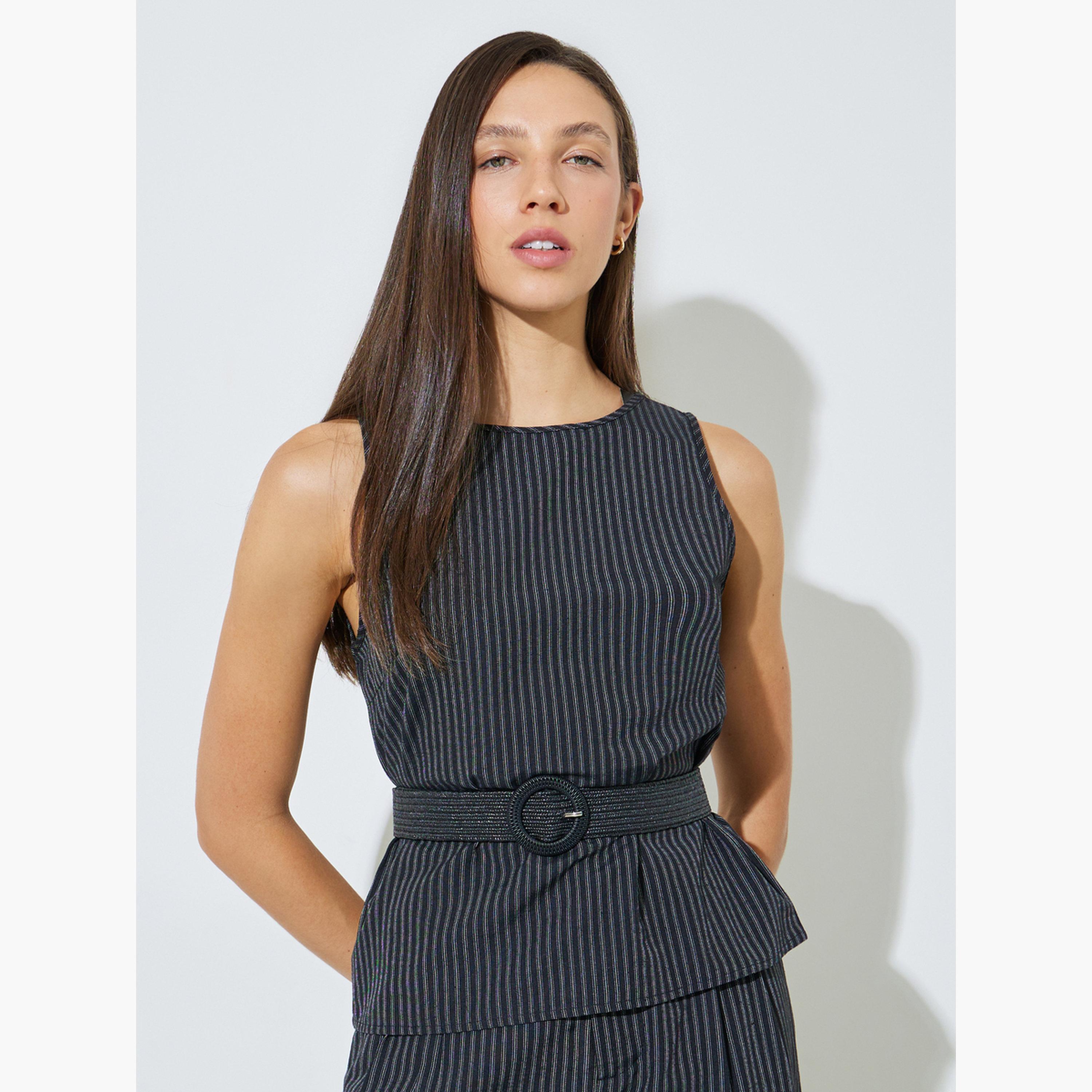 Styli Black Striped Belted Top and Pants Co-Ord Set-women-clothing-coordsets-image-2