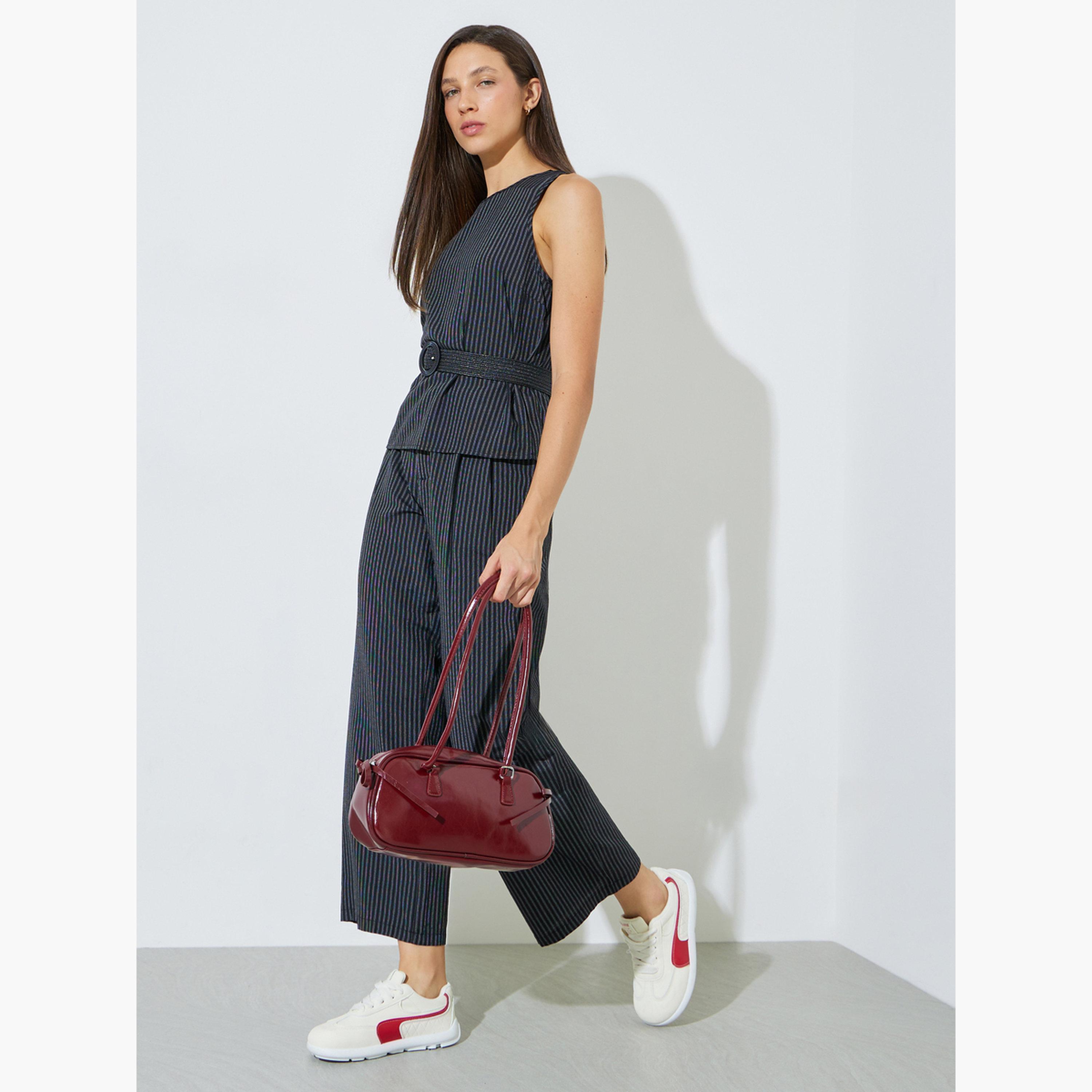 Styli Black Striped Belted Top and Pants Co-Ord Set-women-clothing-coordsets-image-3