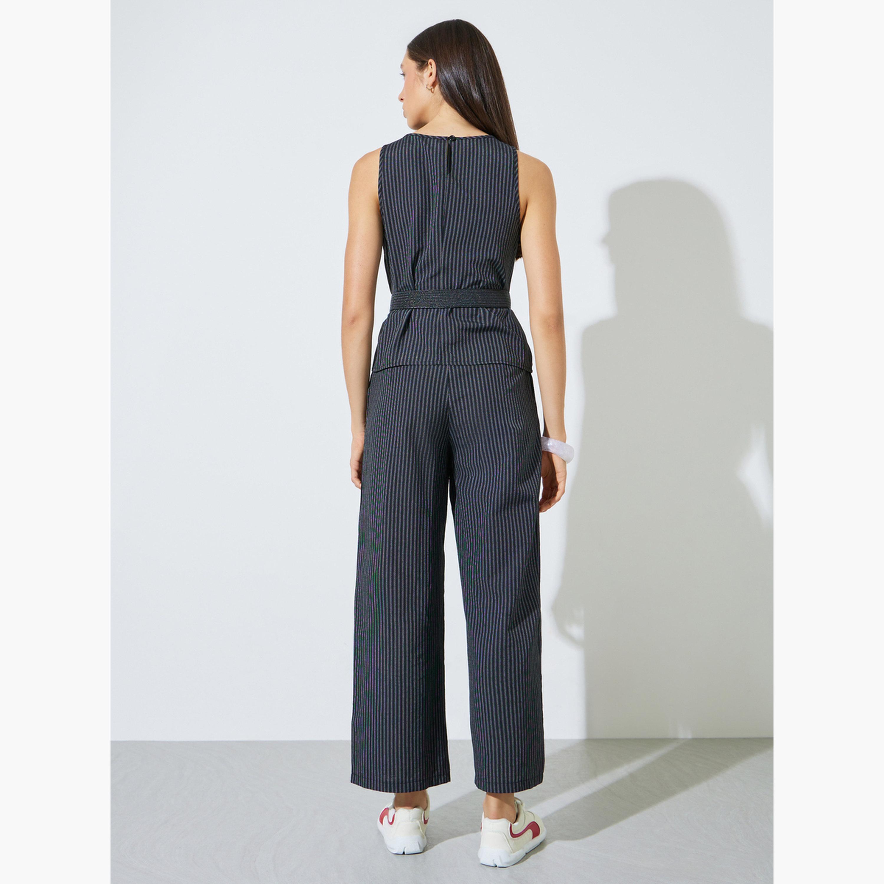 Styli Black Striped Belted Top and Pants Co-Ord Set-women-clothing-coordsets-image-4
