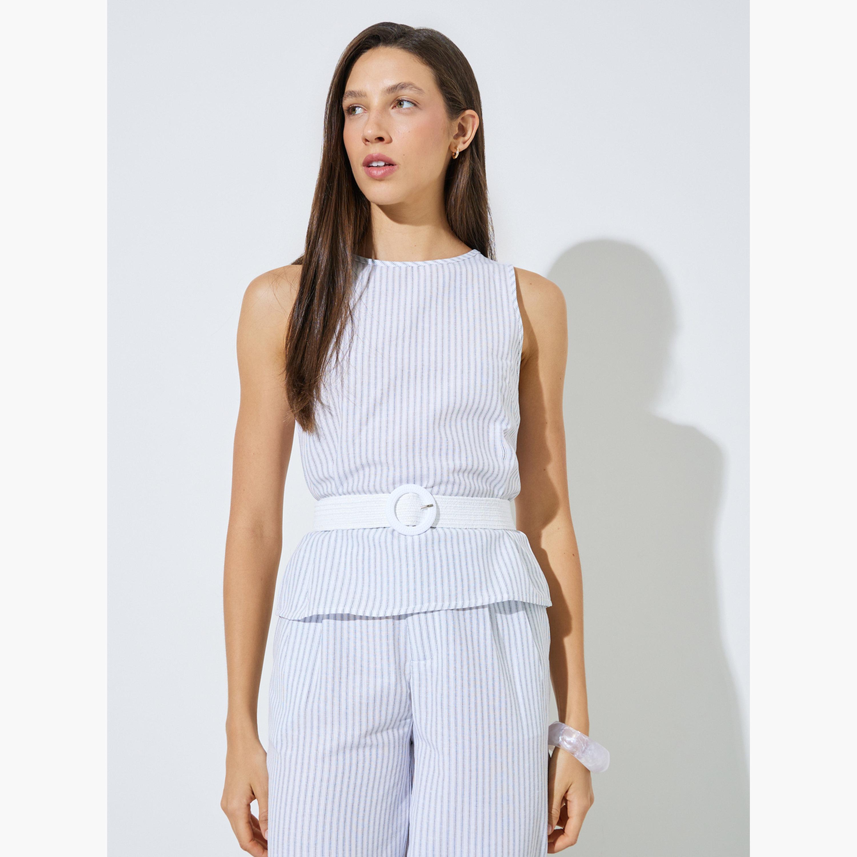 طقم منسق من بنطال وبلوزة مخططة بحزام-women-clothing-coordsets-image-2