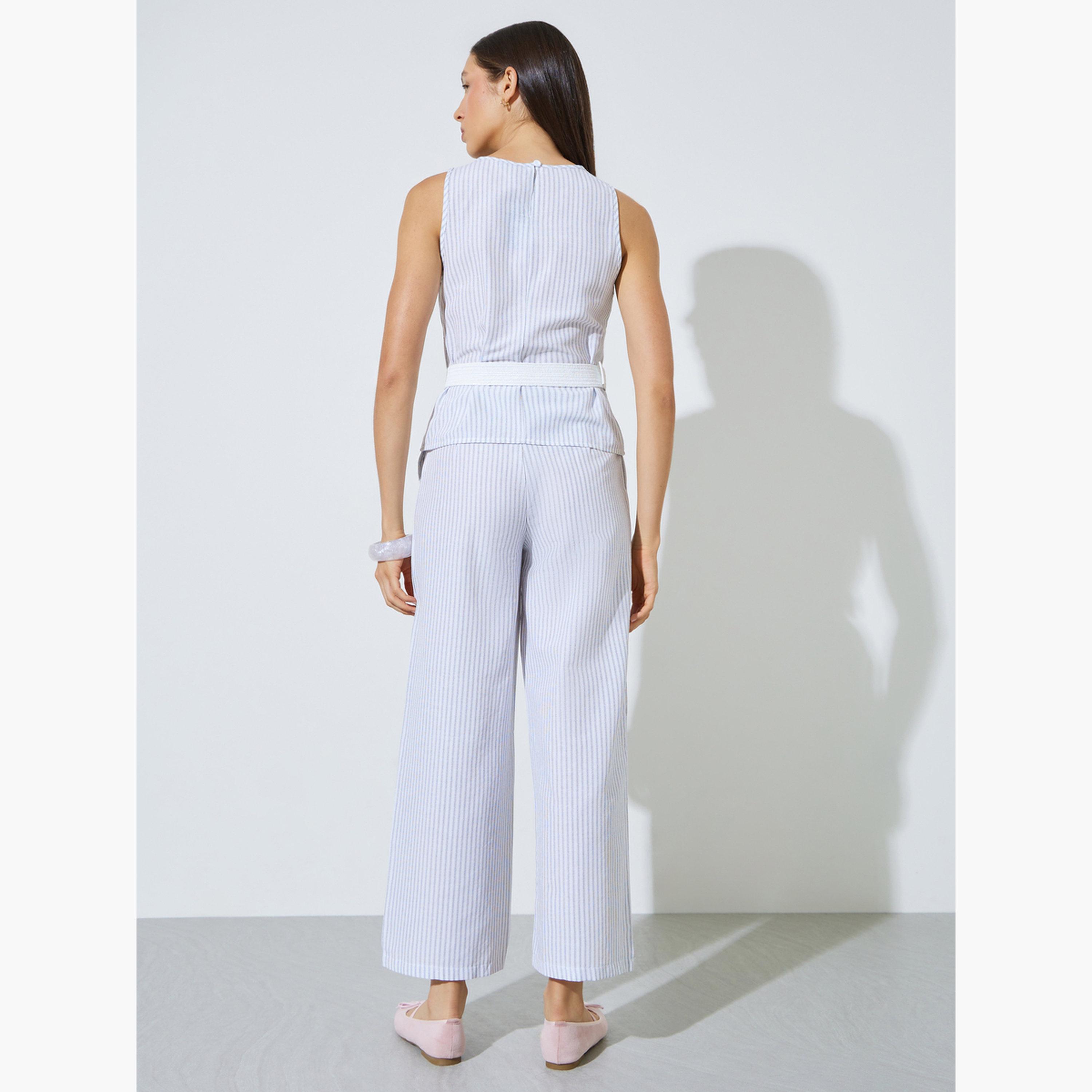 طقم منسق من بنطال وبلوزة مخططة بحزام-women-clothing-coordsets-image-4