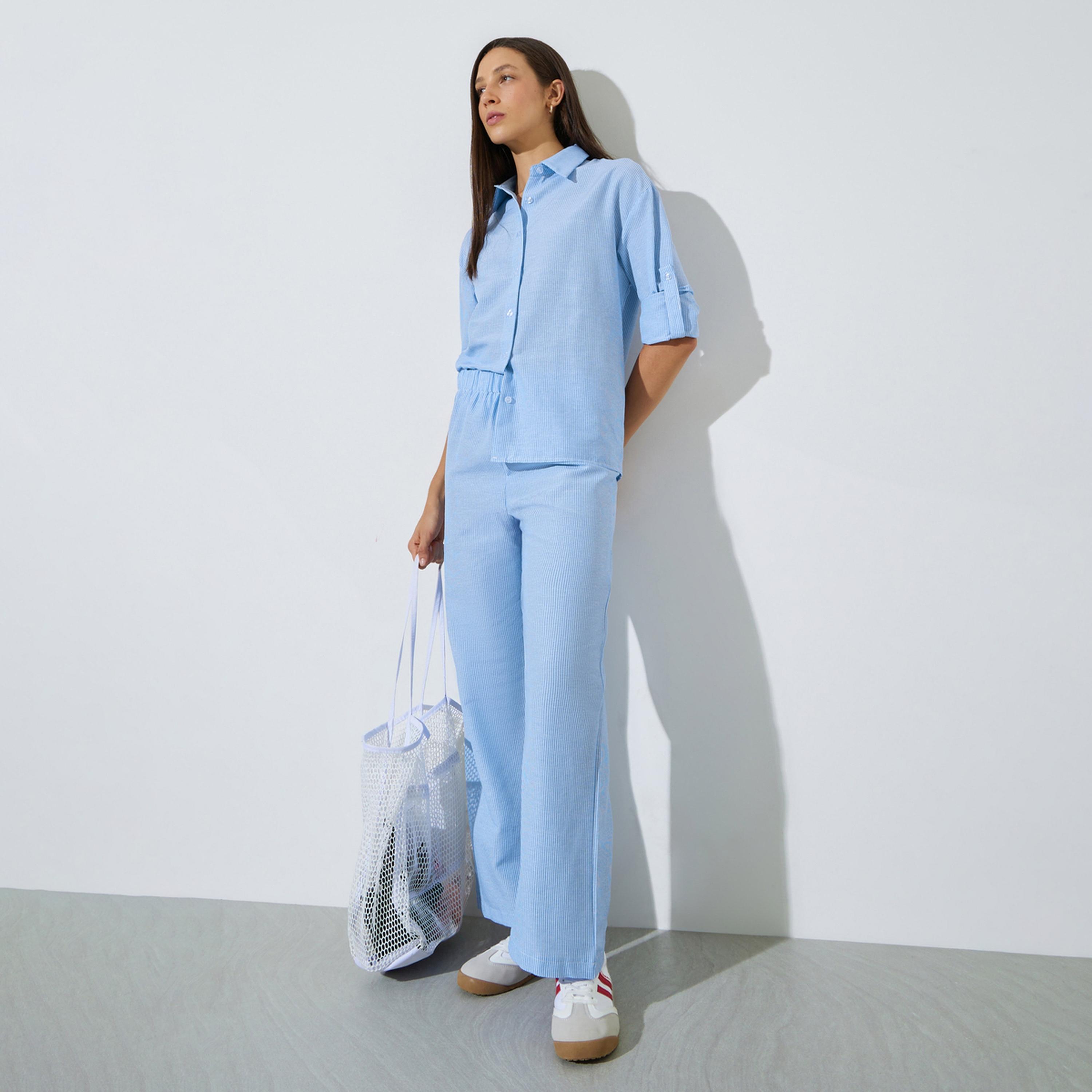 ستايلي - طقم قميص وبنطال مخطط باللون الأزرق-women-clothing-coordsets-image-1