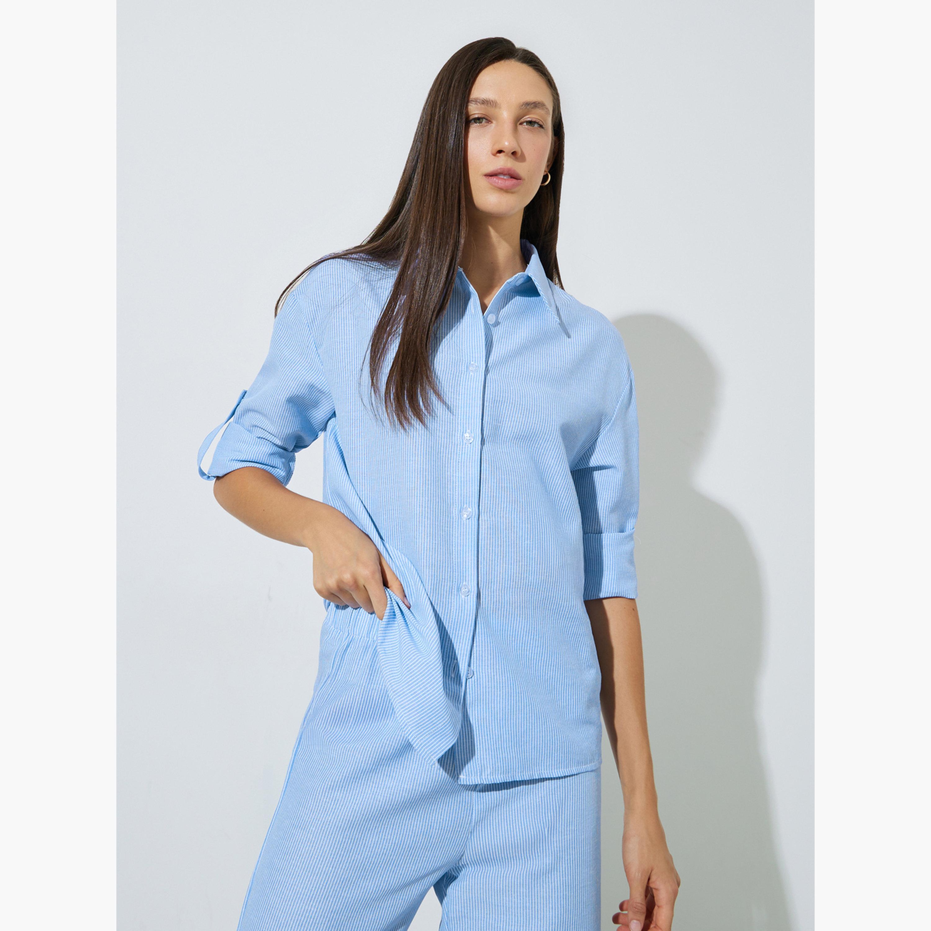 ستايلي - طقم قميص وبنطال مخطط باللون الأزرق-women-clothing-coordsets-image-2
