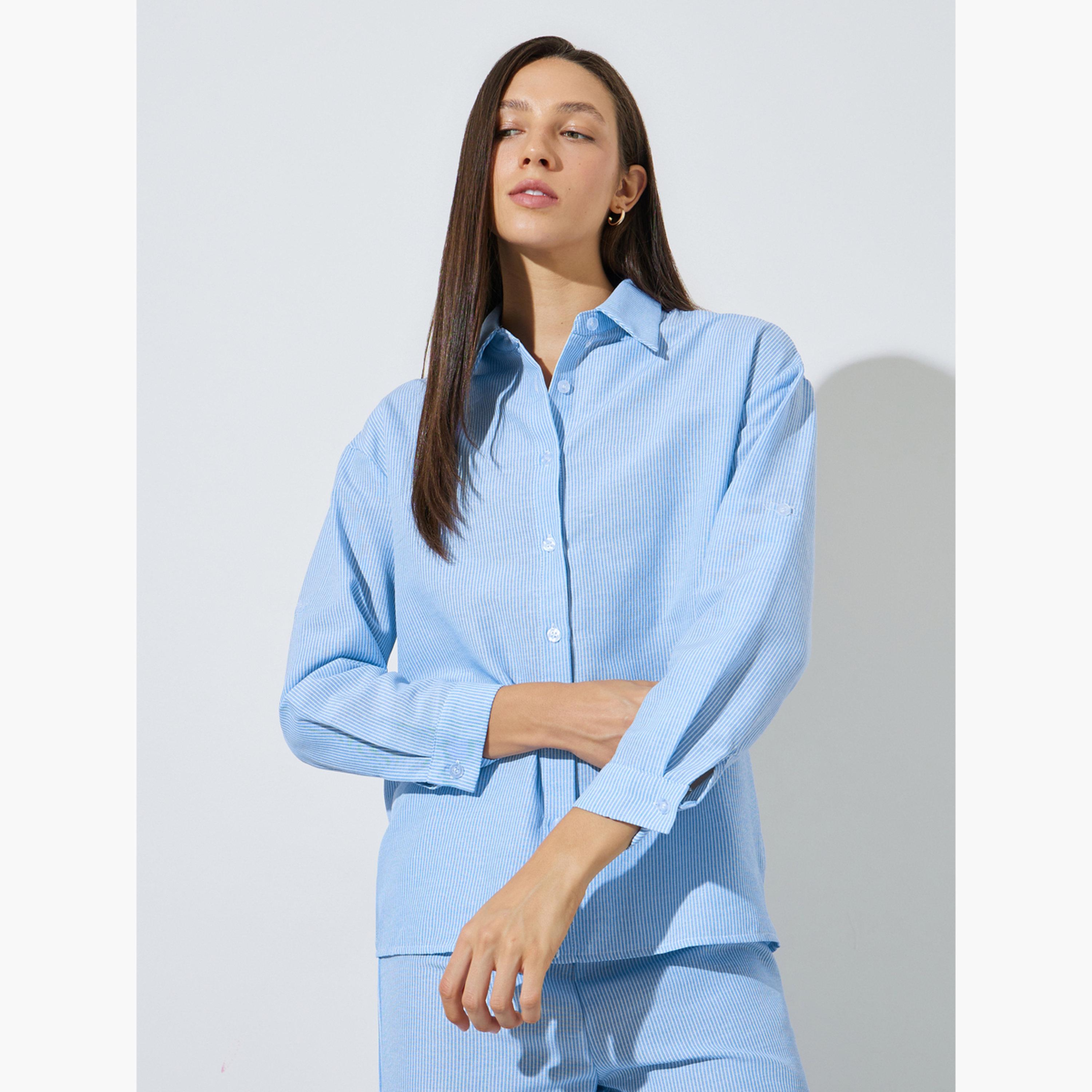 ستايلي - طقم قميص وبنطال مخطط باللون الأزرق-women-clothing-coordsets-image-3