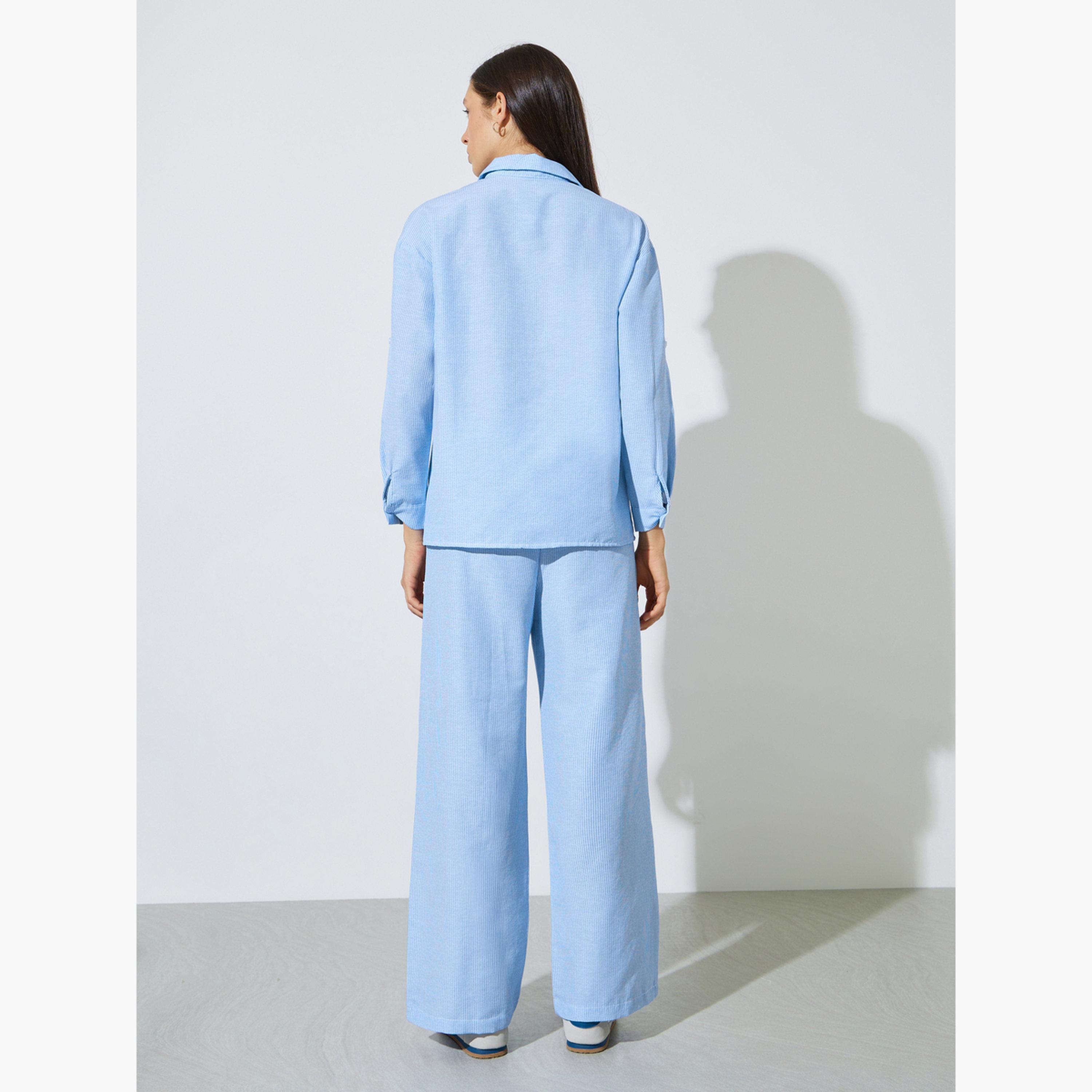 ستايلي - طقم قميص وبنطال مخطط باللون الأزرق-women-clothing-coordsets-image-4