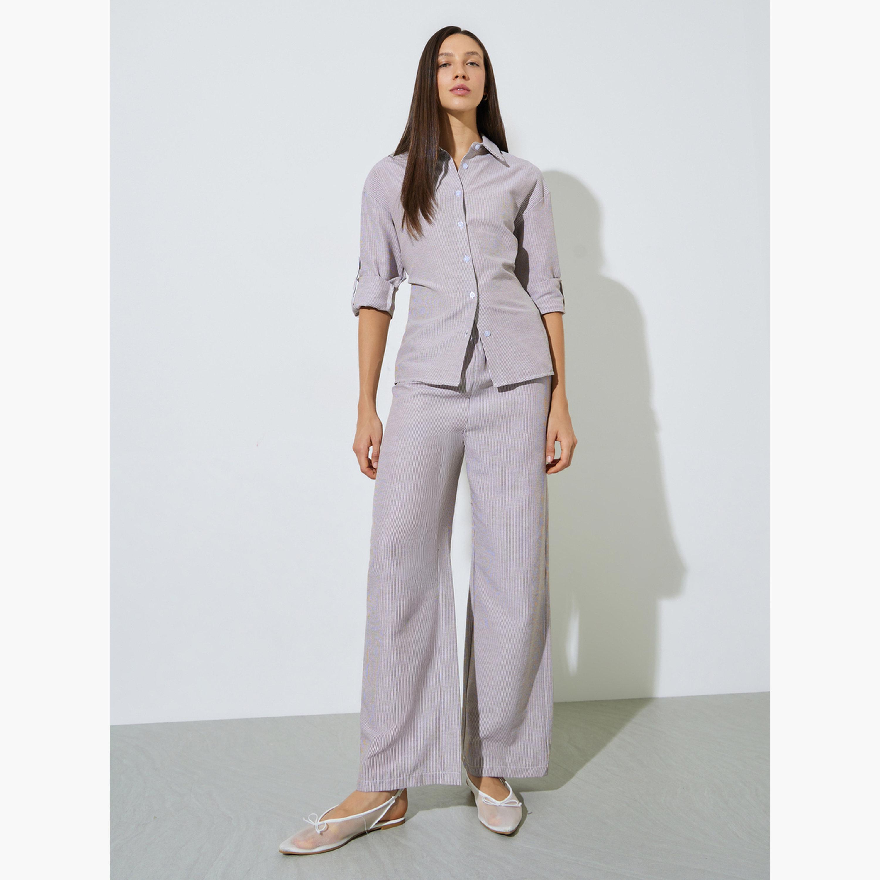 Styli Brown Striped Shirt and Pants Co-Ord Set-women-clothing-coordsets-image-1