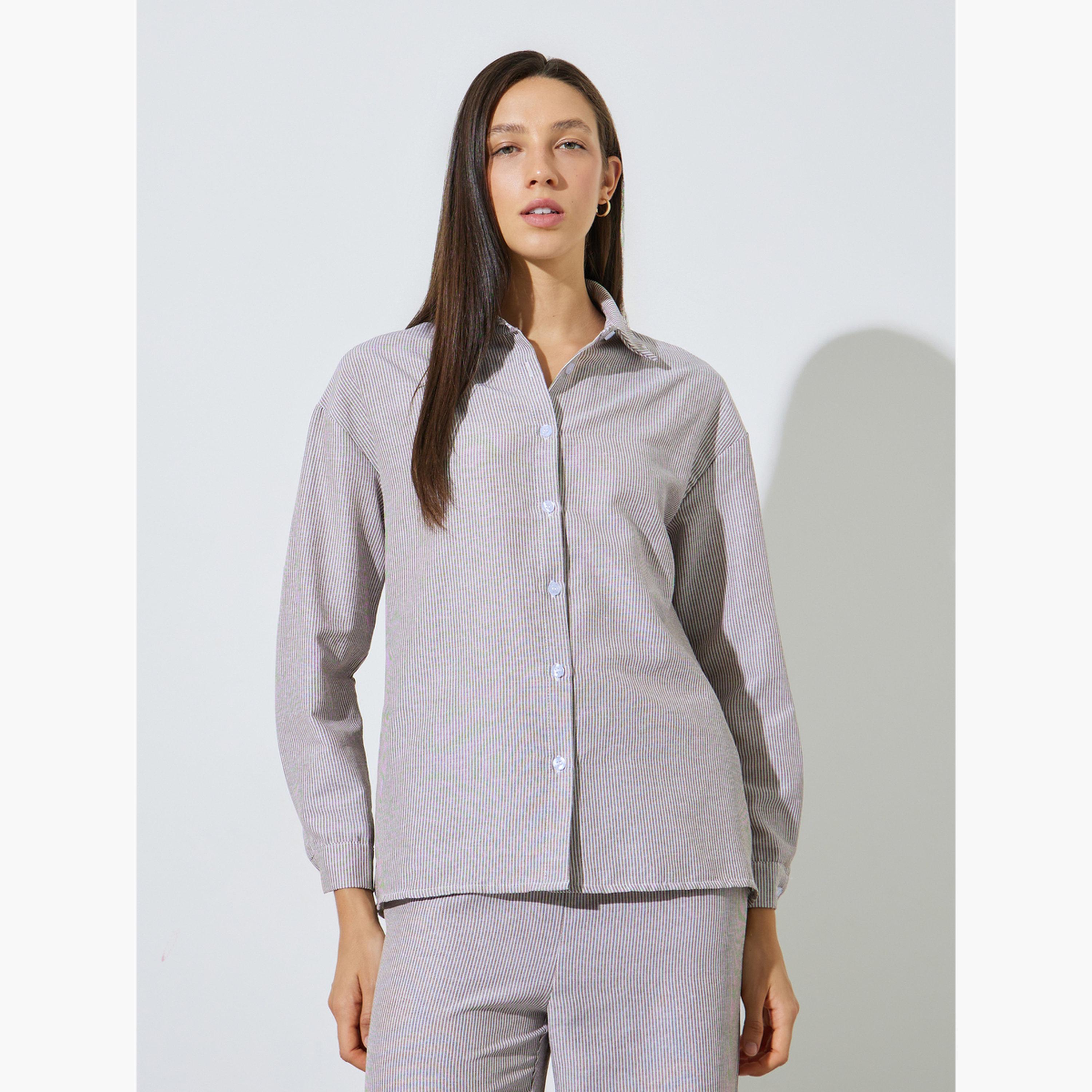 Styli Brown Striped Shirt and Pants Co-Ord Set-women-clothing-coordsets-image-2