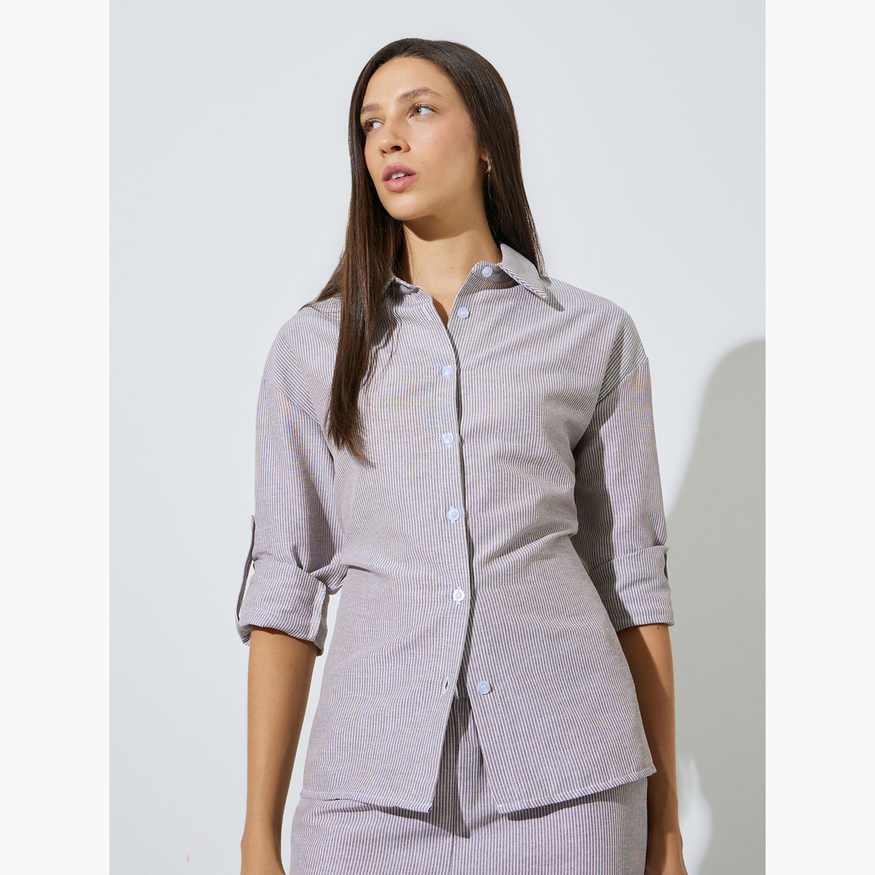 Styli Brown Striped Shirt and Pants Co-Ord Set-women-clothing-coordsets-image-3