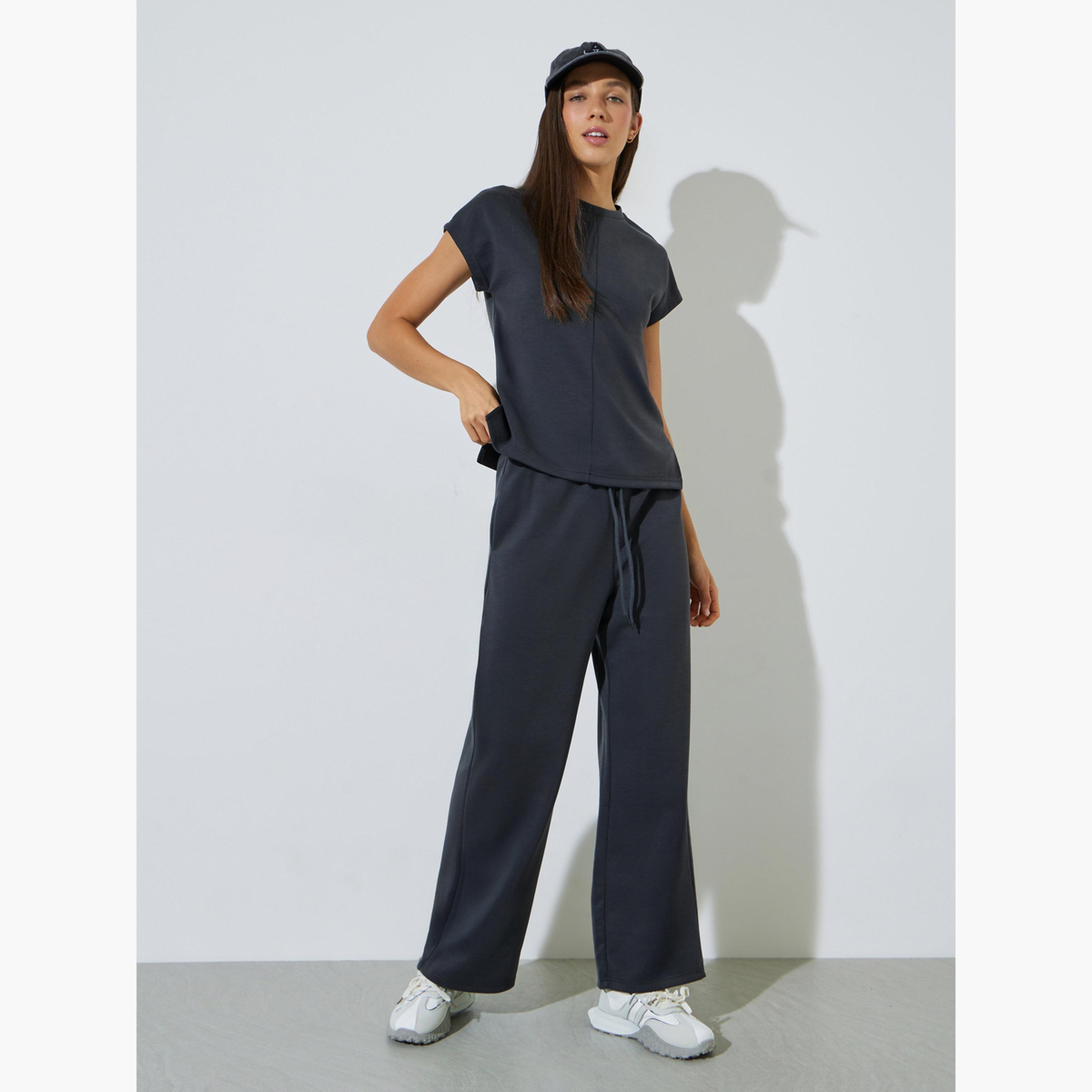Styli Charcoal Solid Round Neck T-Shirt and Joggers Co-ord Set-women-clothing-coordsets-image-1
