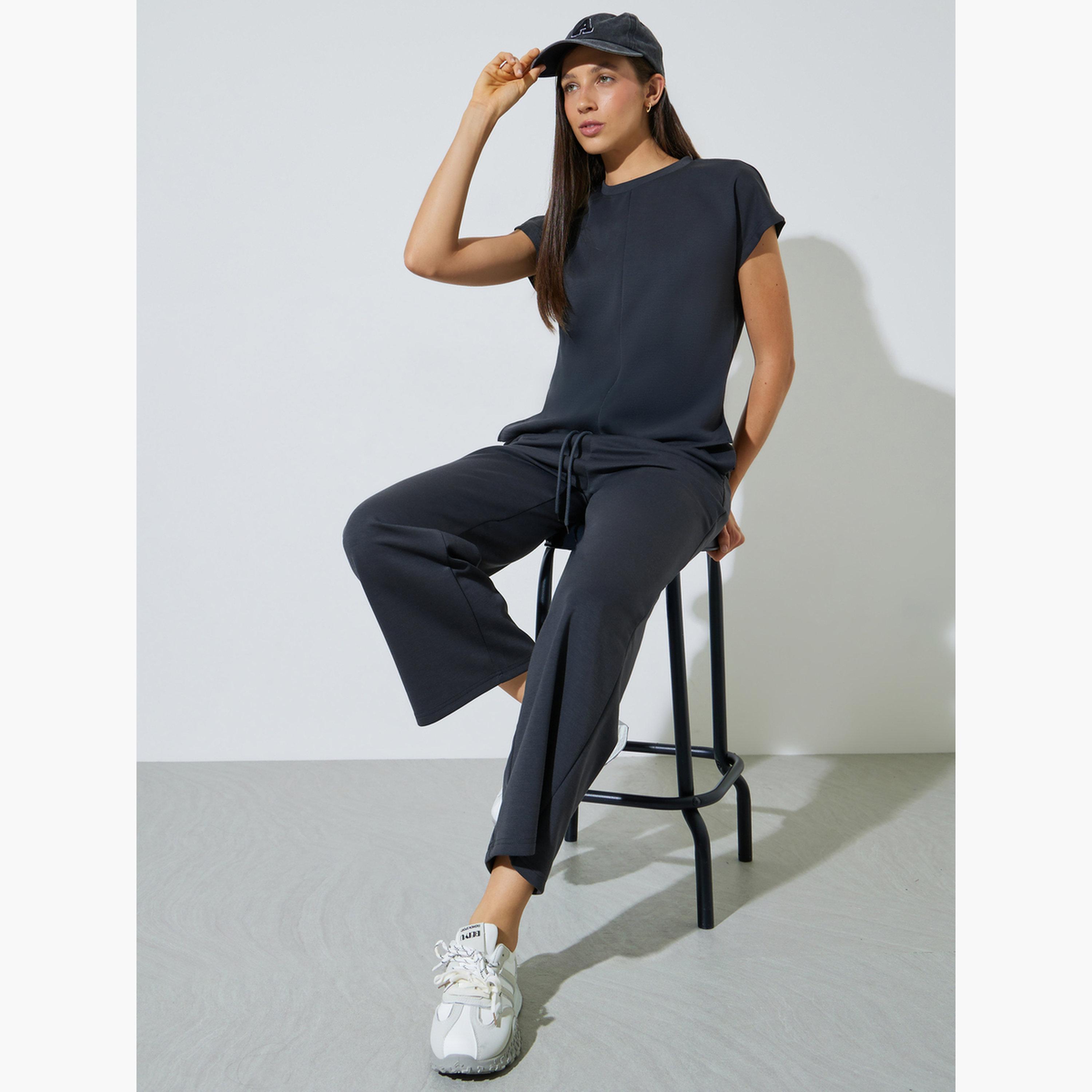 Styli Charcoal Solid Round Neck T-Shirt and Joggers Co-ord Set-women-clothing-coordsets-image-2