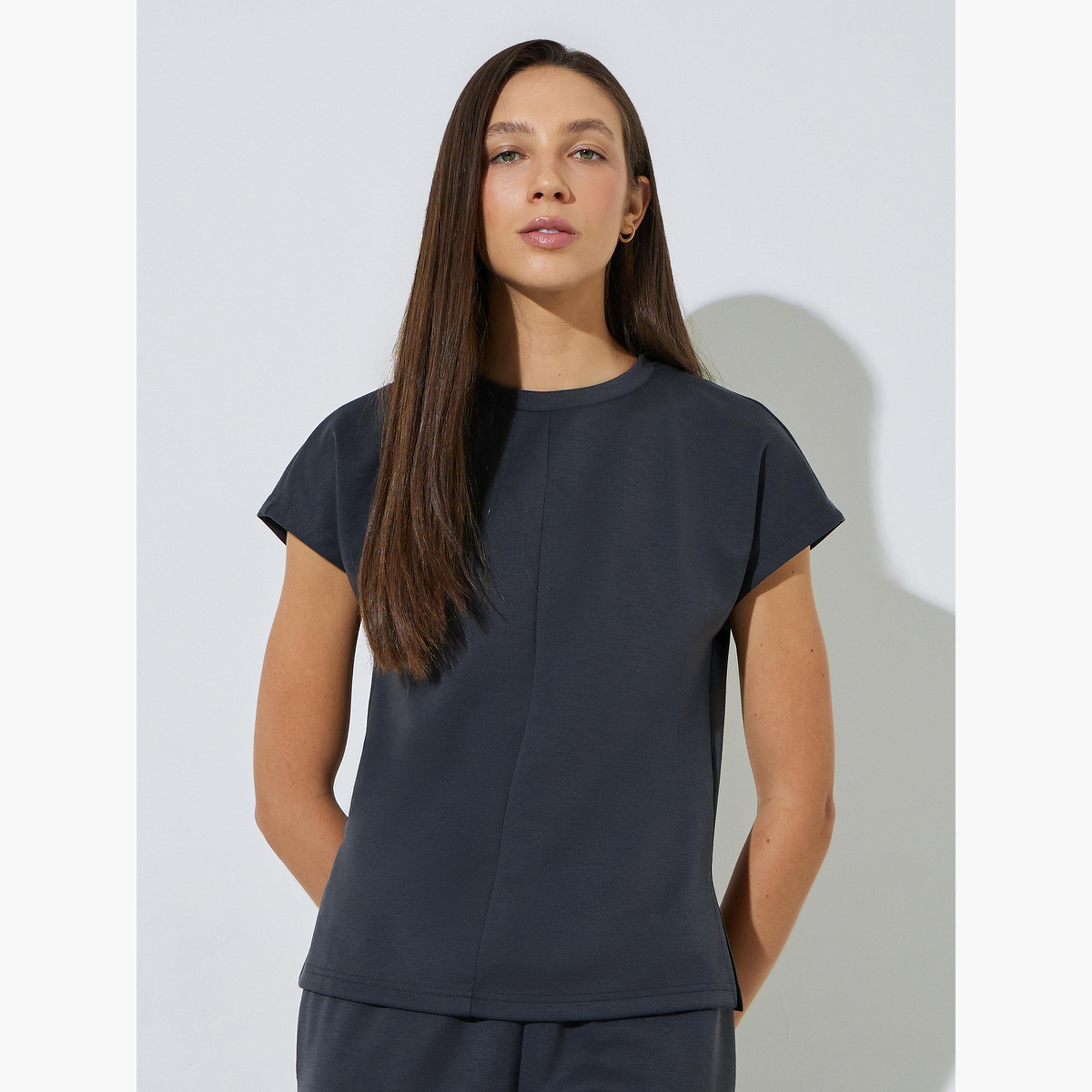Styli Charcoal Solid Round Neck T-Shirt and Joggers Co-ord Set-women-clothing-coordsets-image-3