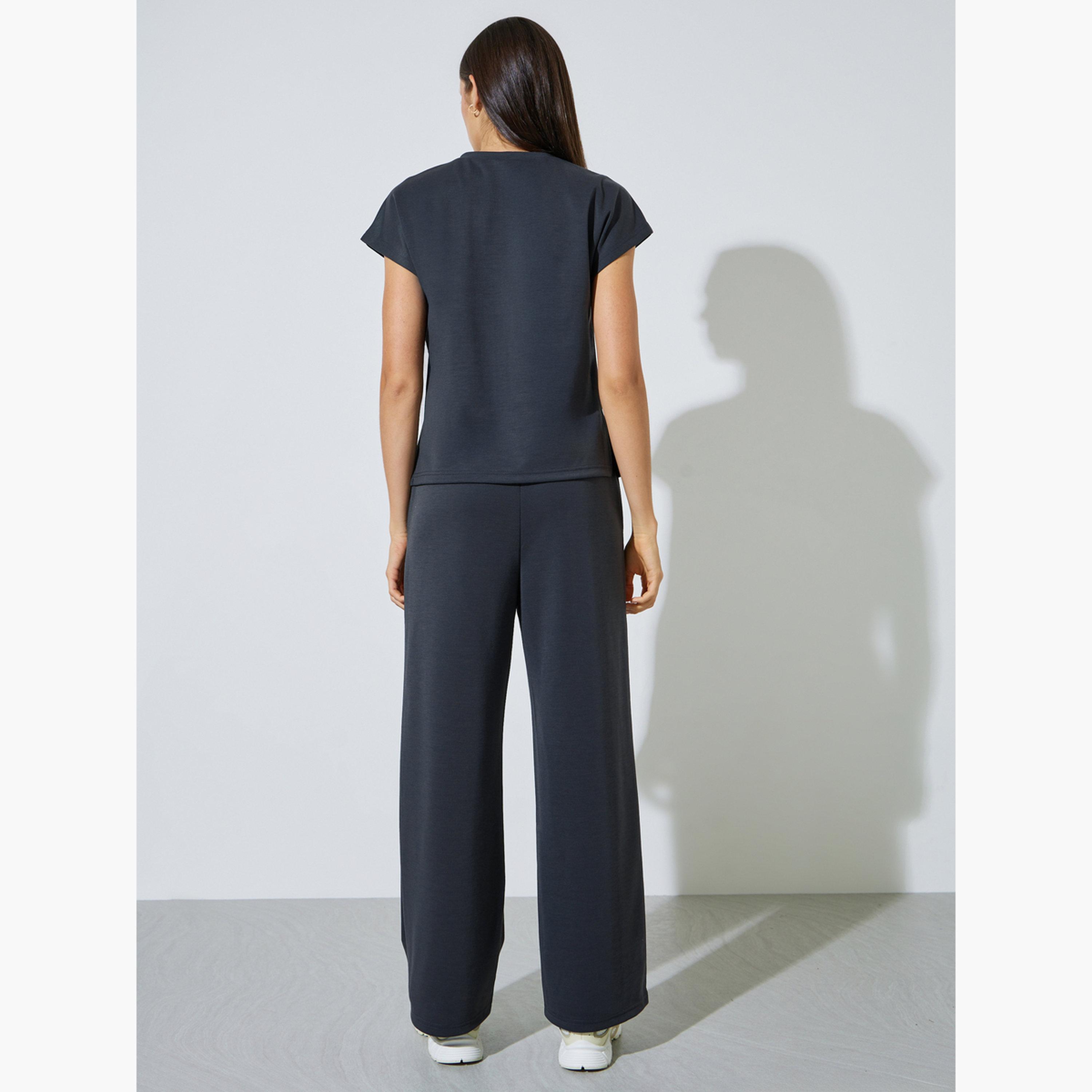 Styli Charcoal Solid Round Neck T-Shirt and Joggers Co-ord Set-women-clothing-coordsets-image-4