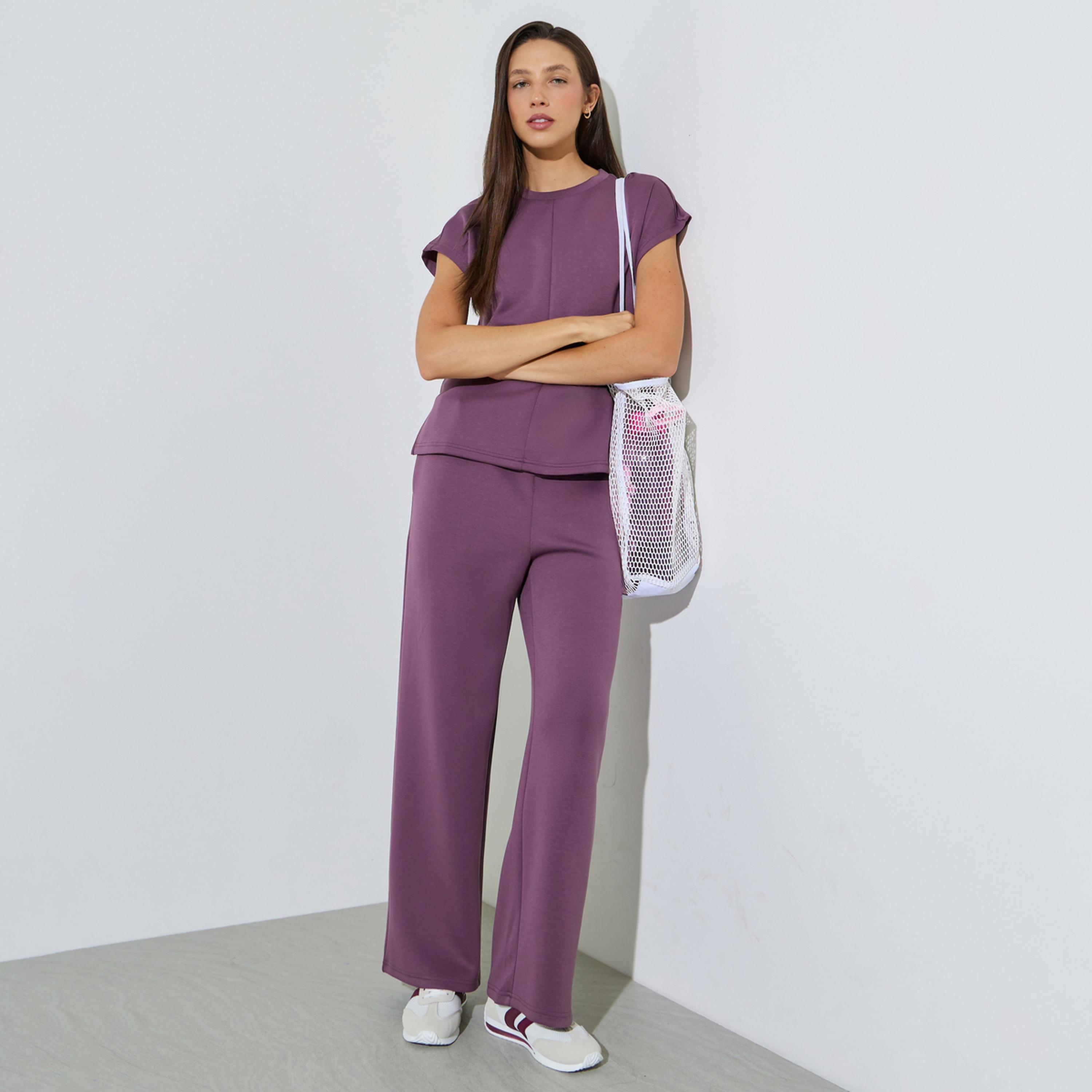 Styli Purple Solid Round Neck T-Shirt and Joggers Co-ord Set-women-clothing-coordsets-image-1