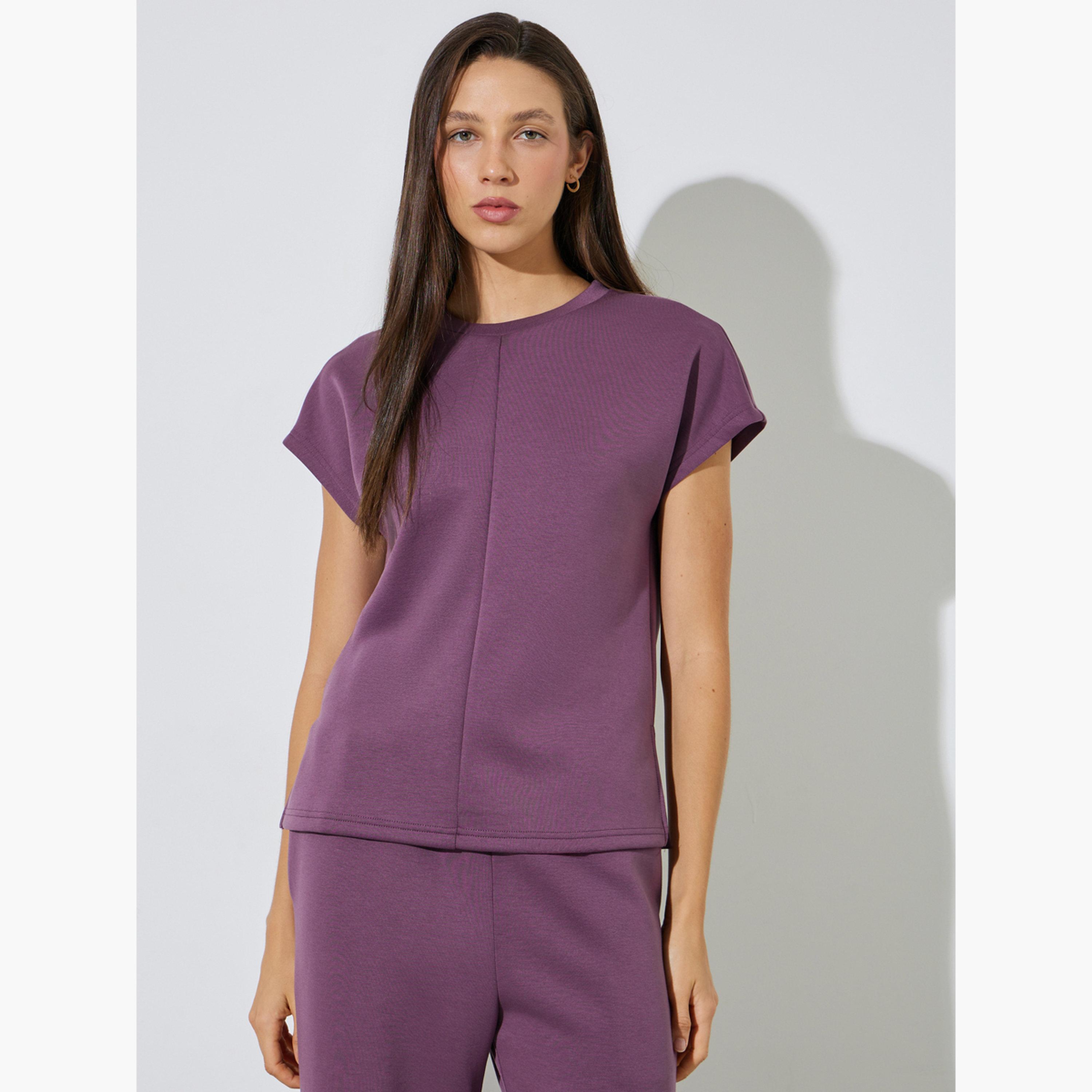 Styli Purple Solid Round Neck T-Shirt and Joggers Co-ord Set-women-clothing-coordsets-image-2