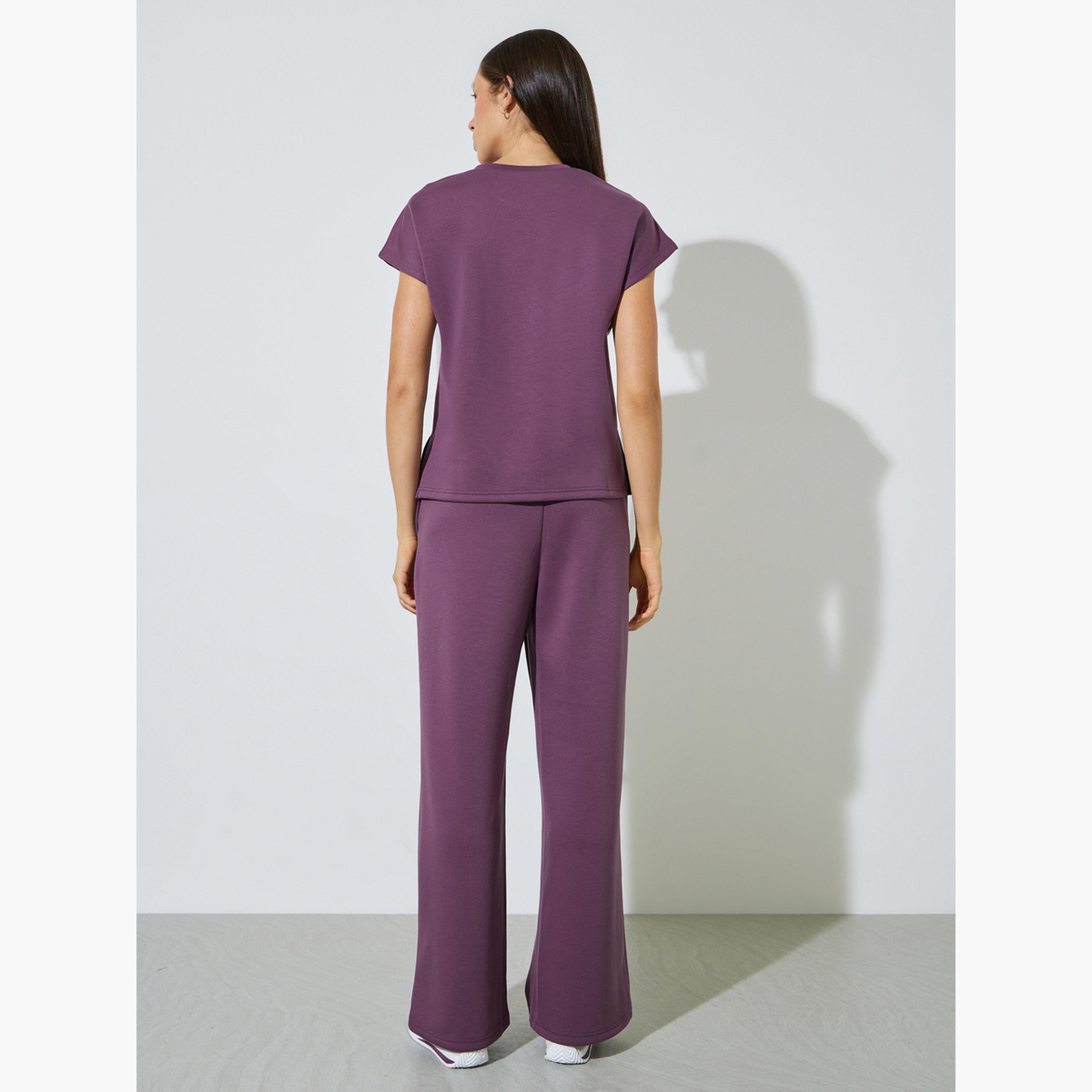 Styli Purple Solid Round Neck T-Shirt and Joggers Co-ord Set-women-clothing-coordsets-image-3