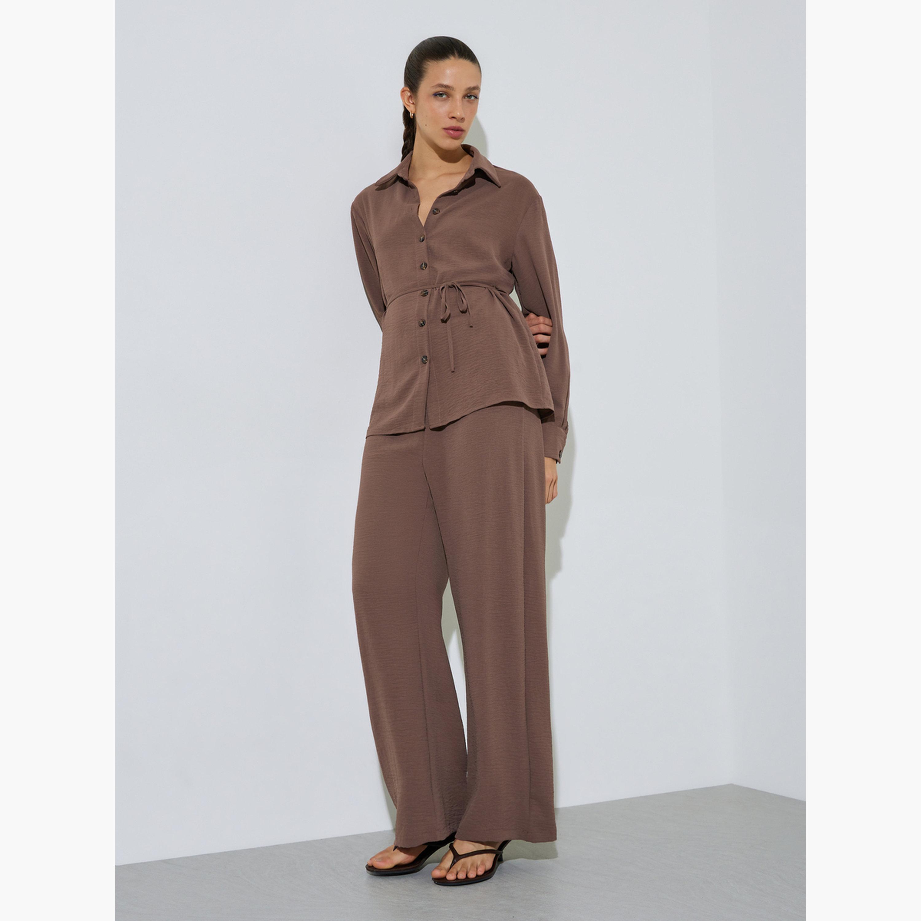 Styli Brown Longline Shirt and Wide Leg Pants Co-Ord Set-women-clothing-coordsets-image-1