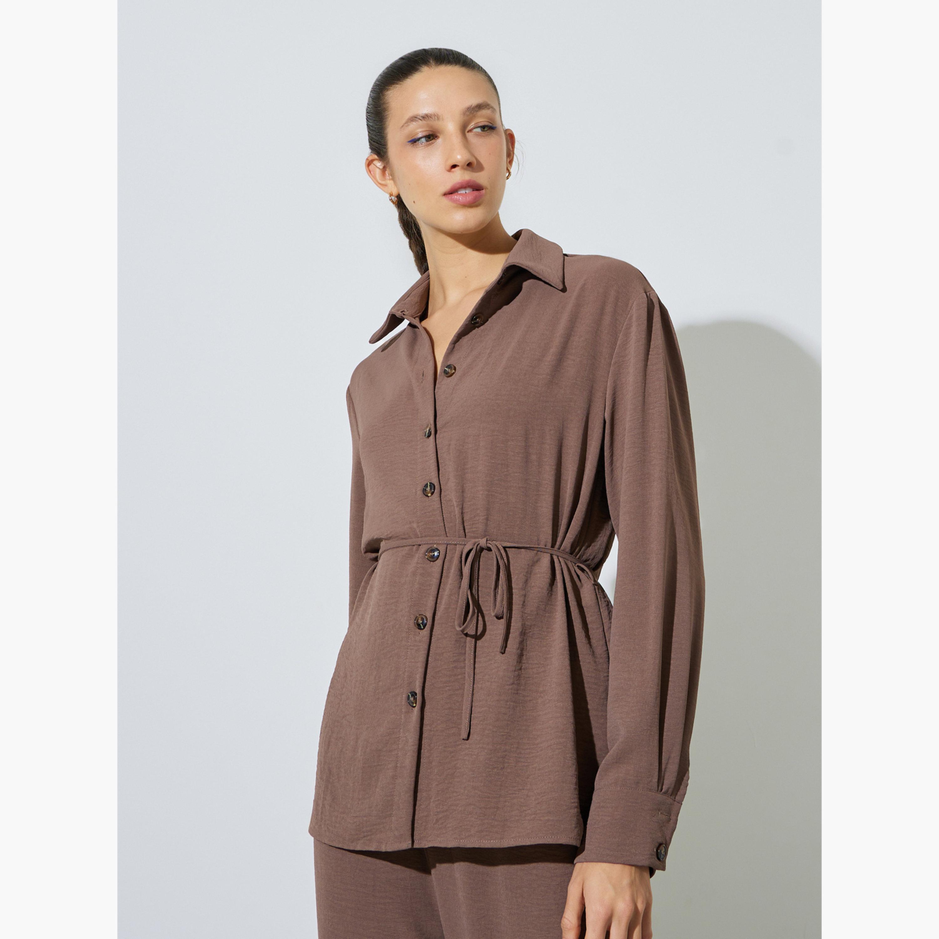 Styli Brown Longline Shirt and Wide Leg Pants Co-Ord Set-women-clothing-coordsets-image-2