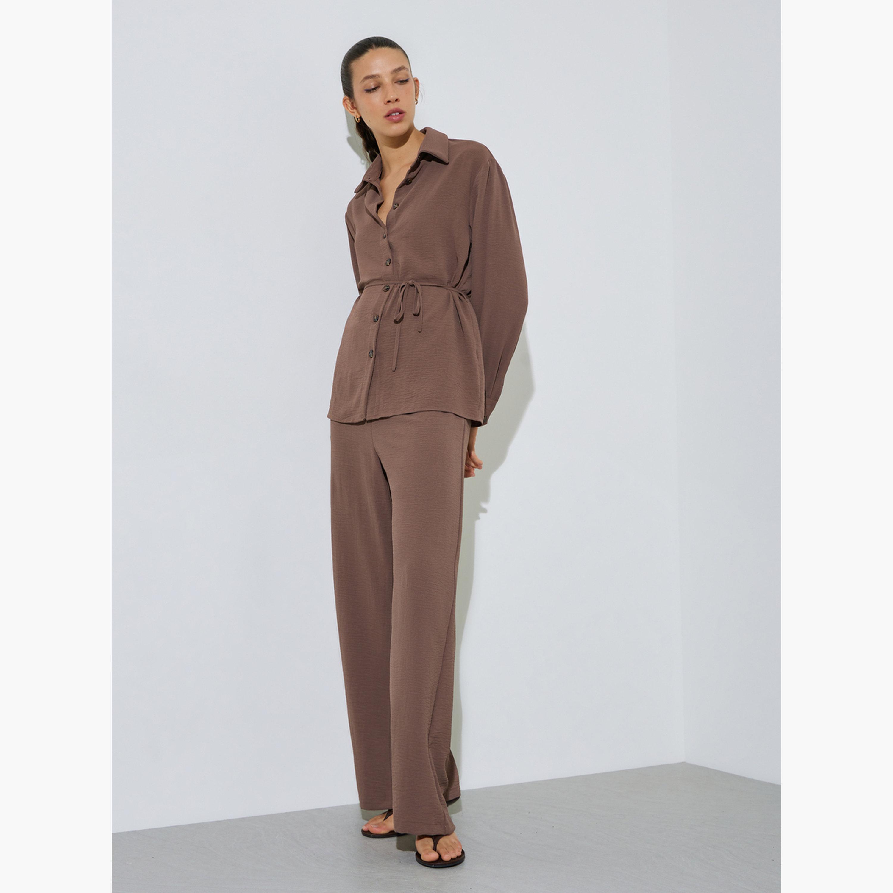 Styli Brown Longline Shirt and Wide Leg Pants Co-Ord Set-women-clothing-coordsets-image-3