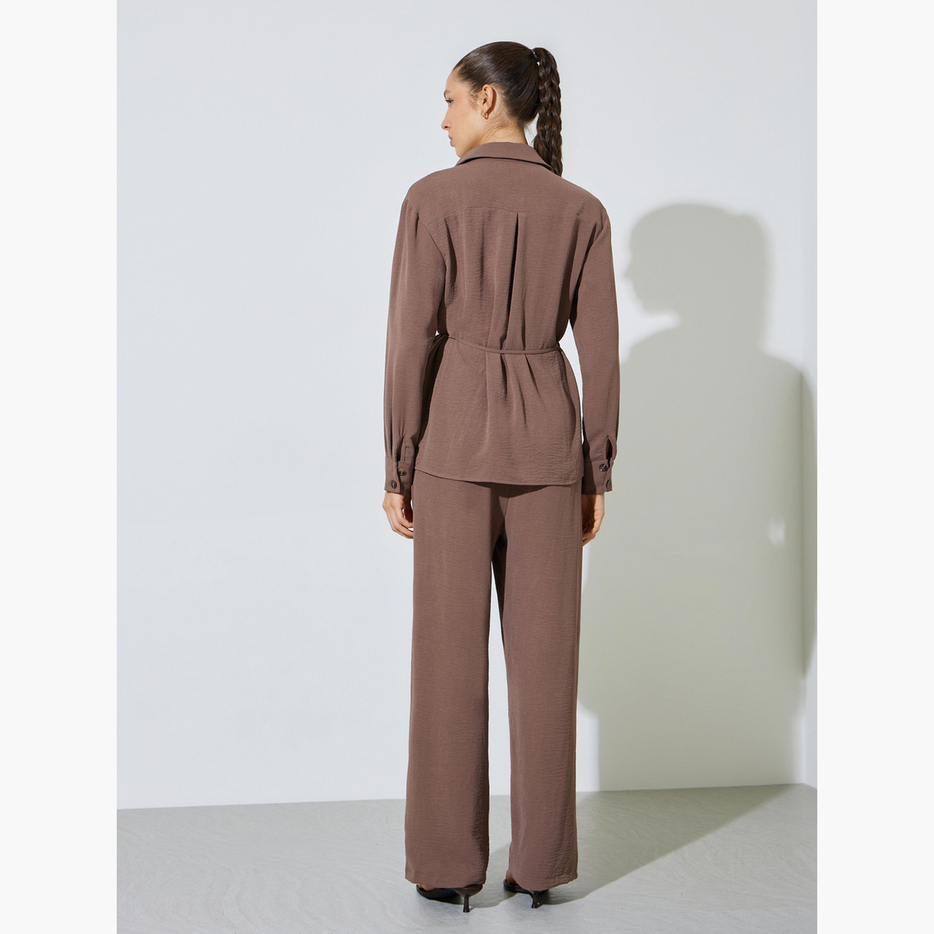 Styli Brown Longline Shirt and Wide Leg Pants Co-Ord Set-women-clothing-coordsets-image-4