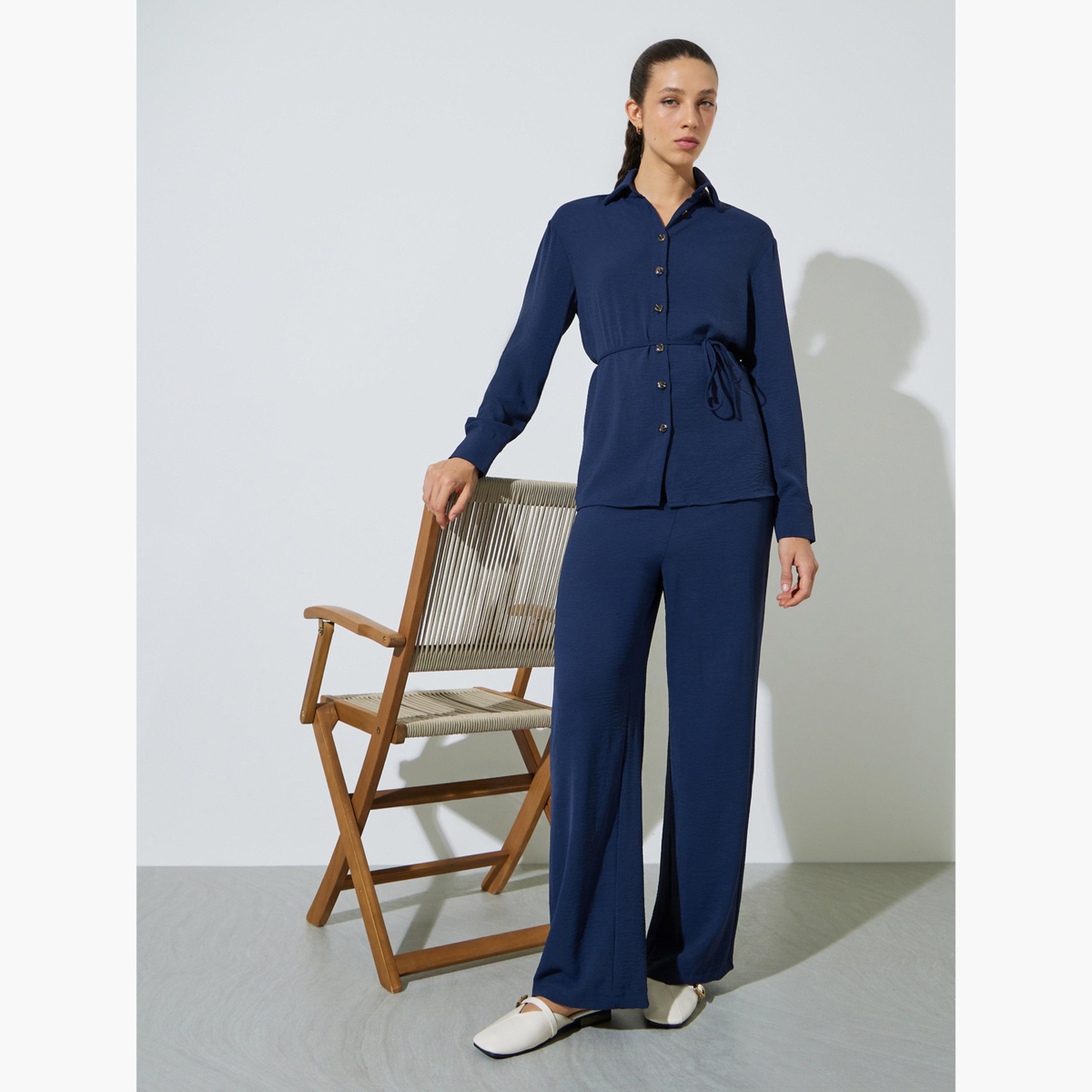 طقم منسق من بنطال بأرجل واسعة وبلوزة طويلة-women-clothing-coordsets-image-3