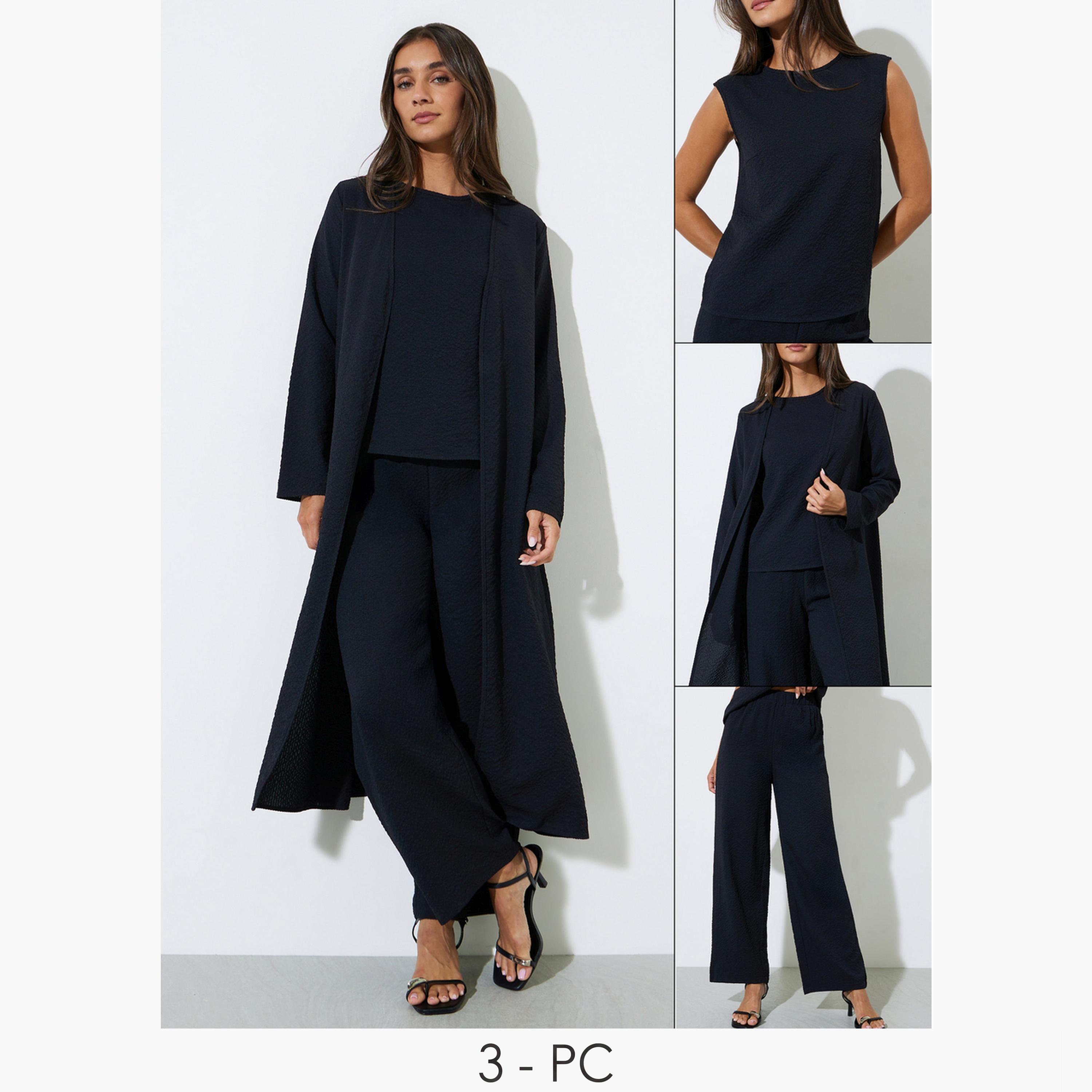 طقم منسق من بنطال وبلوزة وكيمونو 3 قطع-women-clothing-coordsets-image-1
