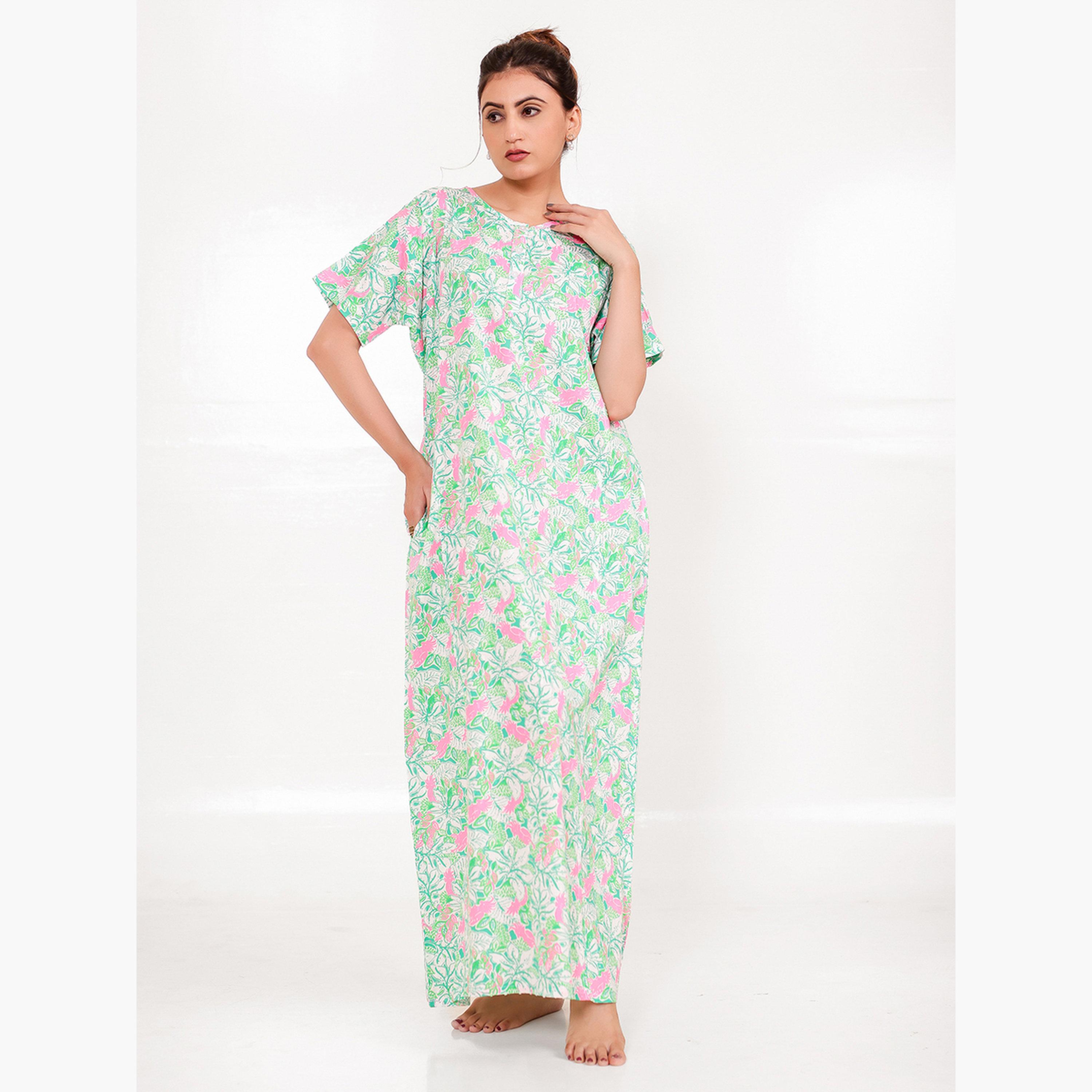 The Kaftan Company X Styli Green Cotton Floral Nightdress with Pockets-women-clothing-nightwear-nighties-image-1