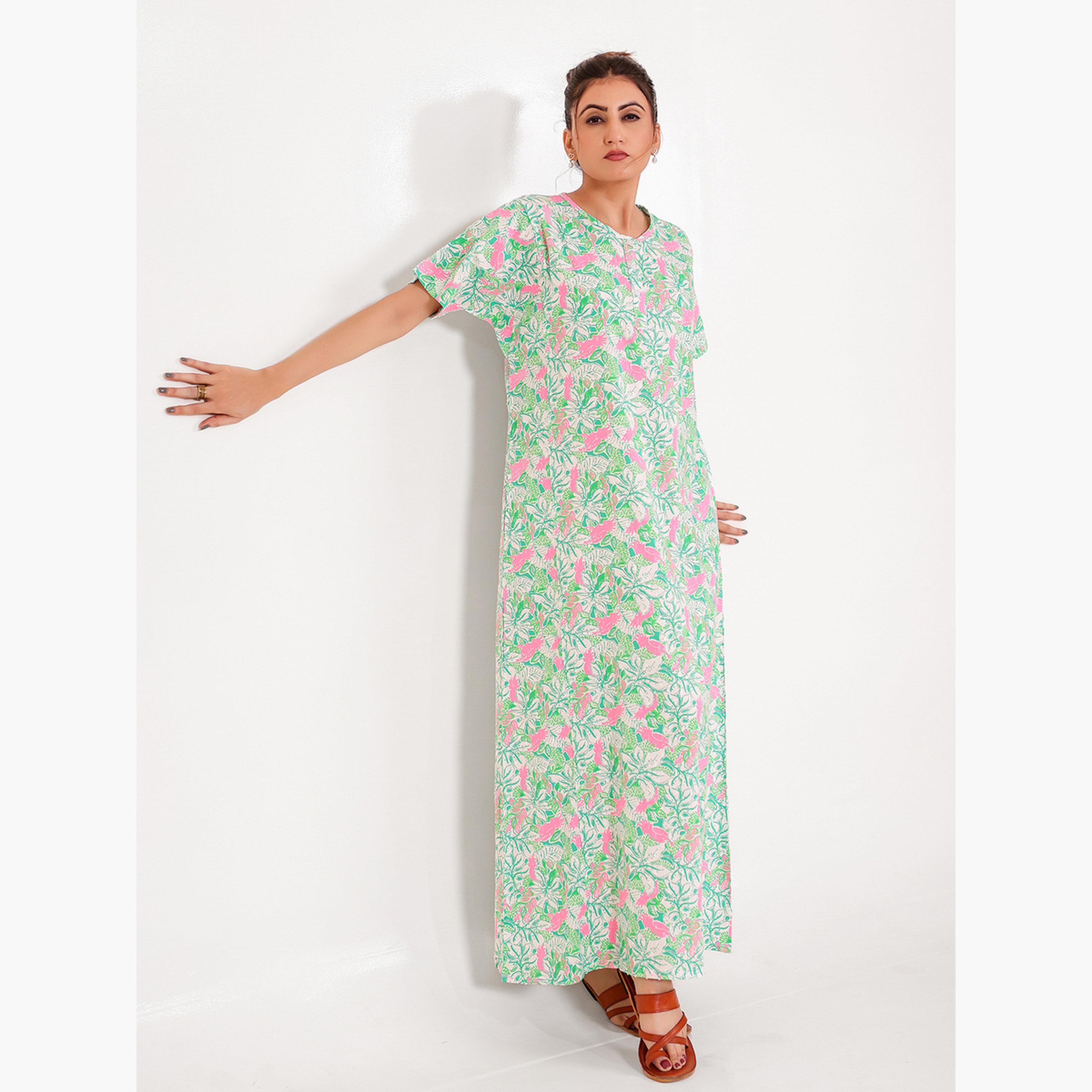 The Kaftan Company X Styli Green Cotton Floral Nightdress with Pockets-women-clothing-nightwear-nighties-image-2
