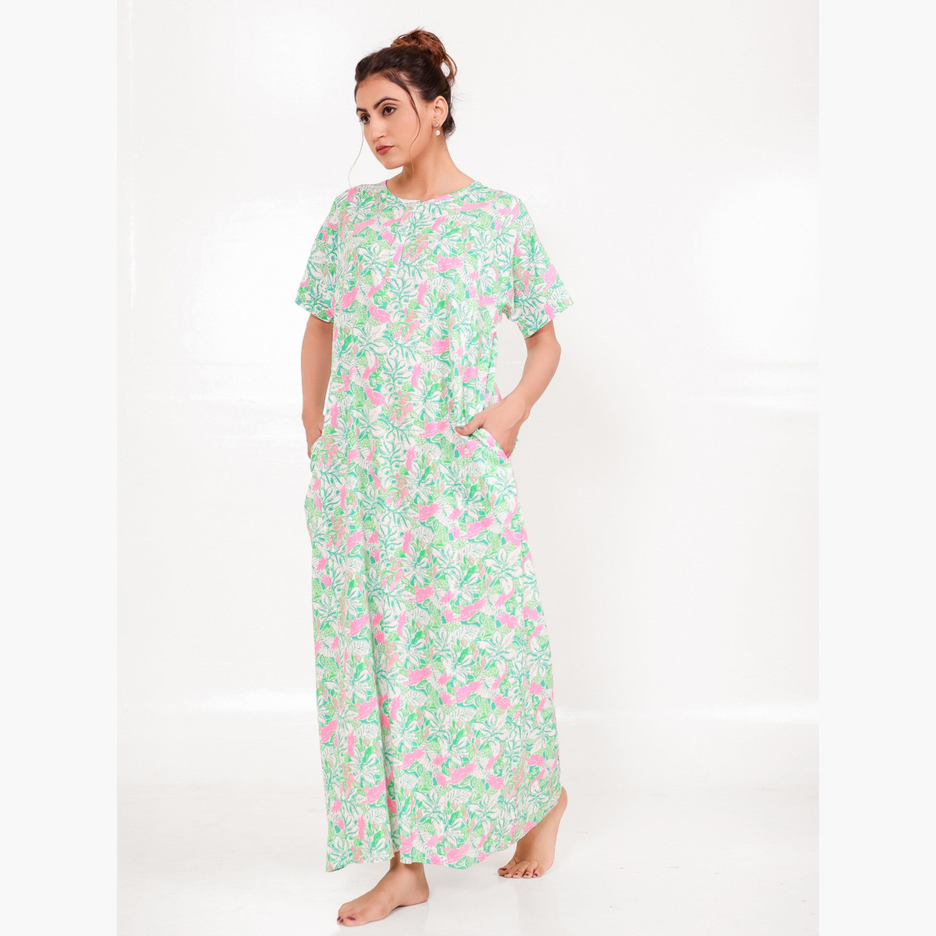The Kaftan Company X Styli Green Cotton Floral Nightdress with Pockets-women-clothing-nightwear-nighties-image-3