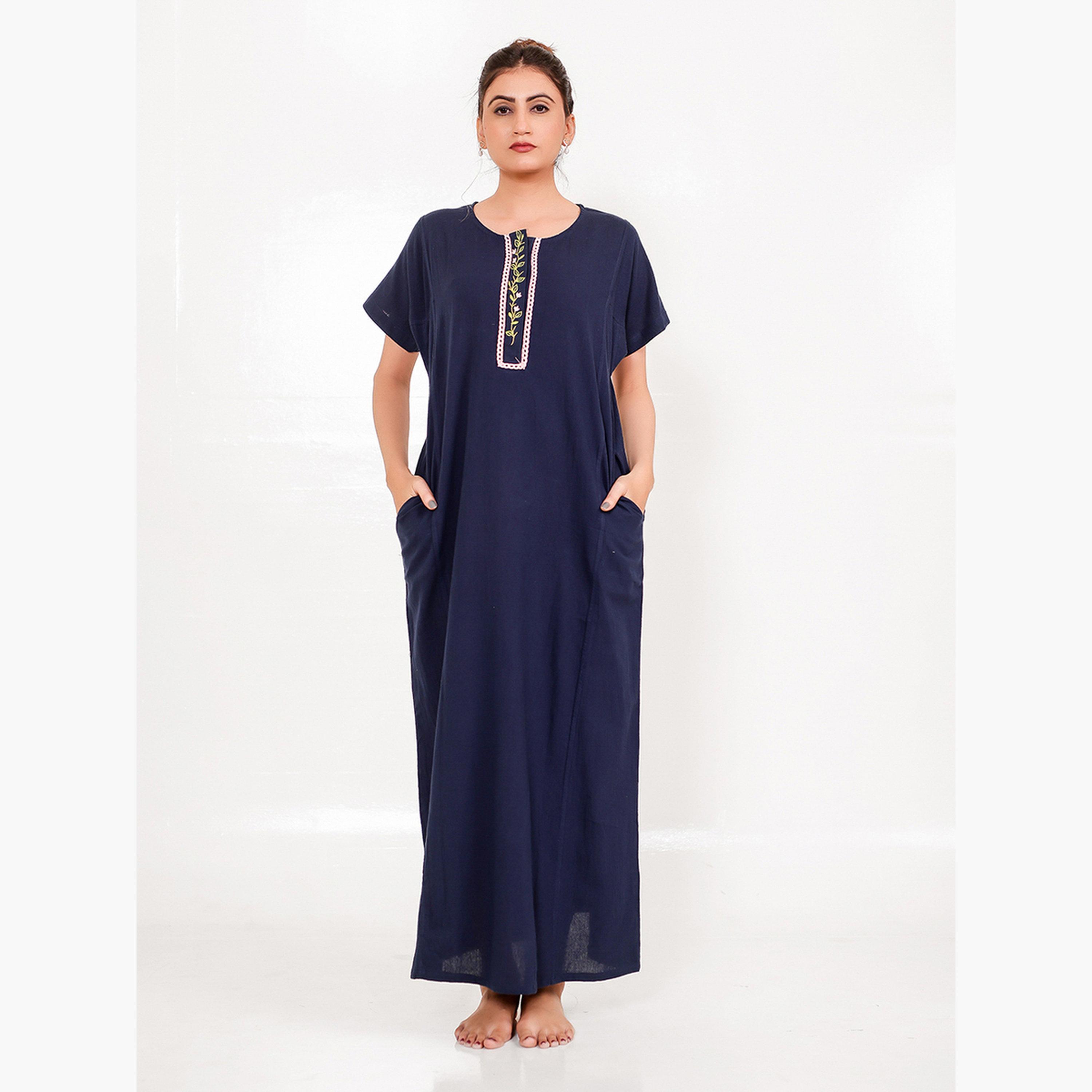 The Kaftan Company X Styli Navy Cotton Nightdress with Embroidered Placket-women-clothing-nightwear-nighties-image-1