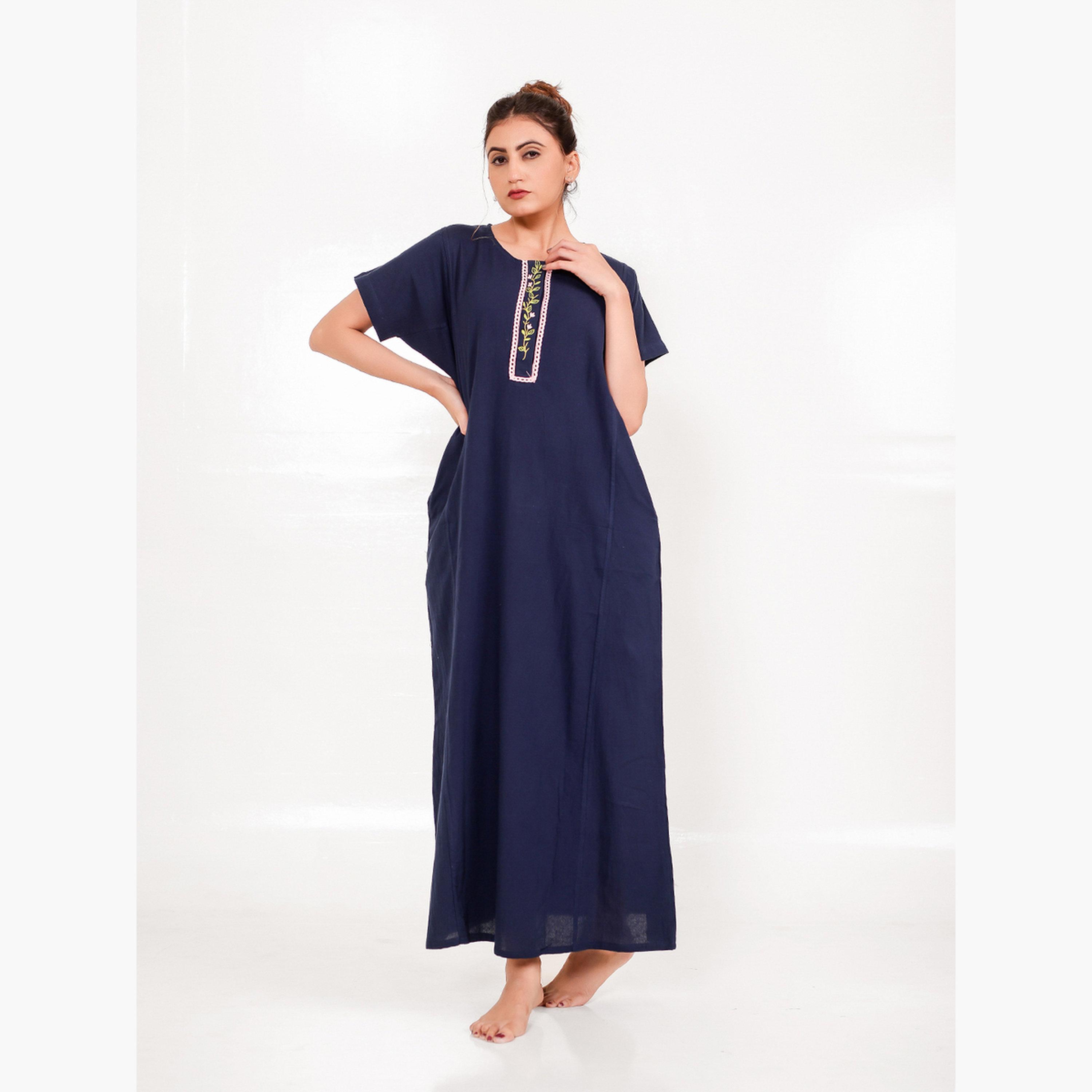 The Kaftan Company X Styli Navy Cotton Nightdress with Embroidered Placket-women-clothing-nightwear-nighties-image-2