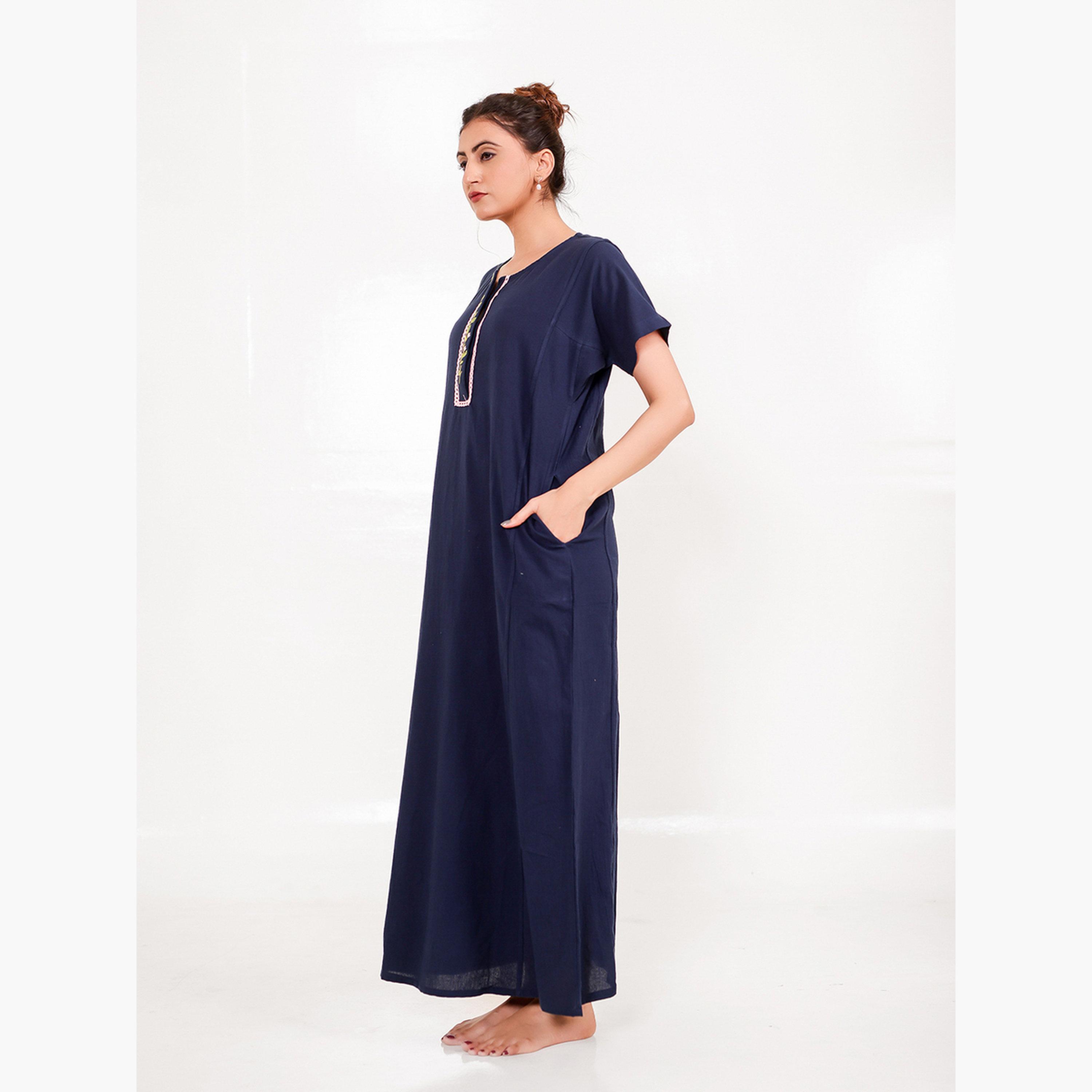The Kaftan Company X Styli Navy Cotton Nightdress with Embroidered Placket-women-clothing-nightwear-nighties-image-3