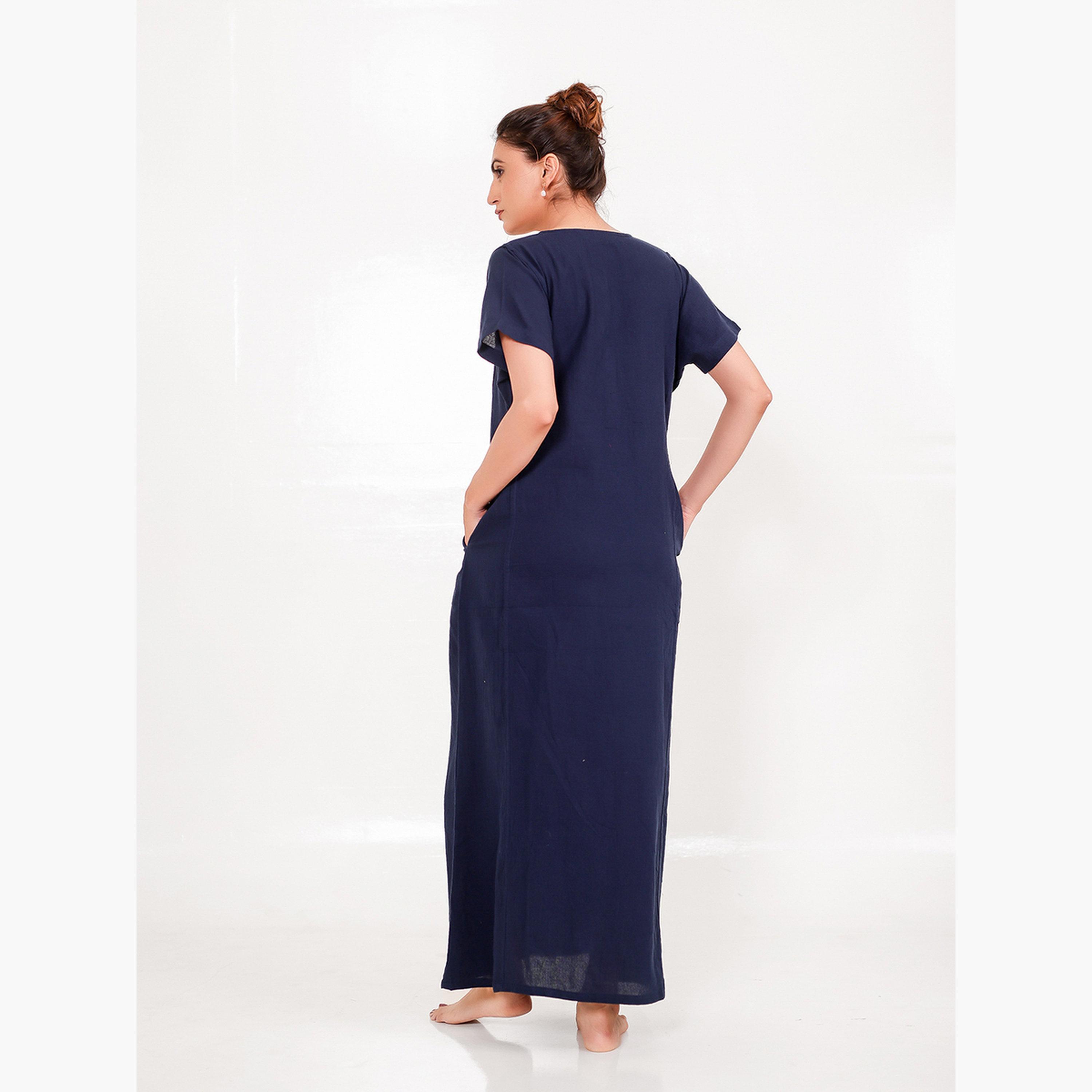 The Kaftan Company X Styli Navy Cotton Nightdress with Embroidered Placket-women-clothing-nightwear-nighties-image-4