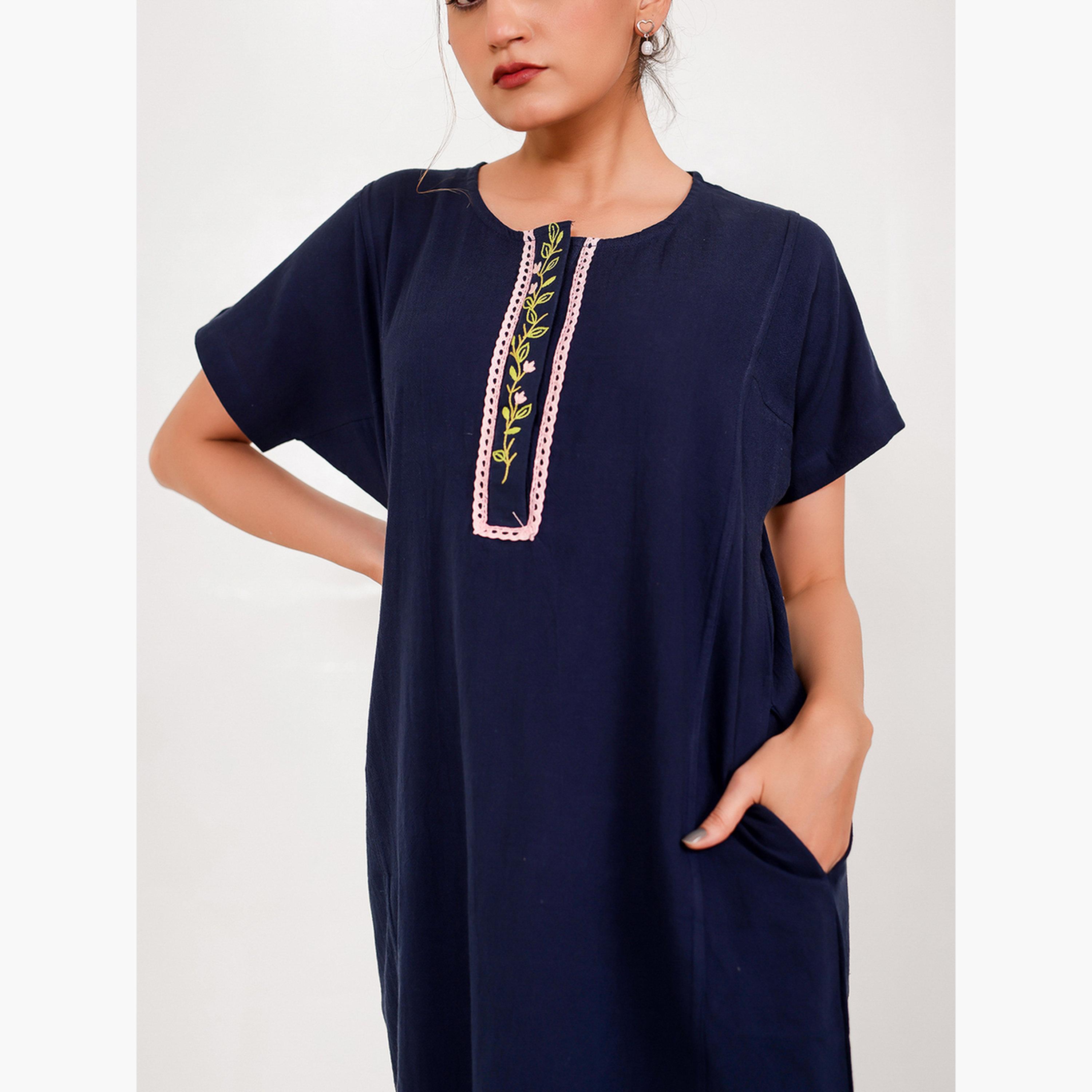 The Kaftan Company X Styli Navy Cotton Nightdress with Embroidered Placket-women-clothing-nightwear-nighties-image-5