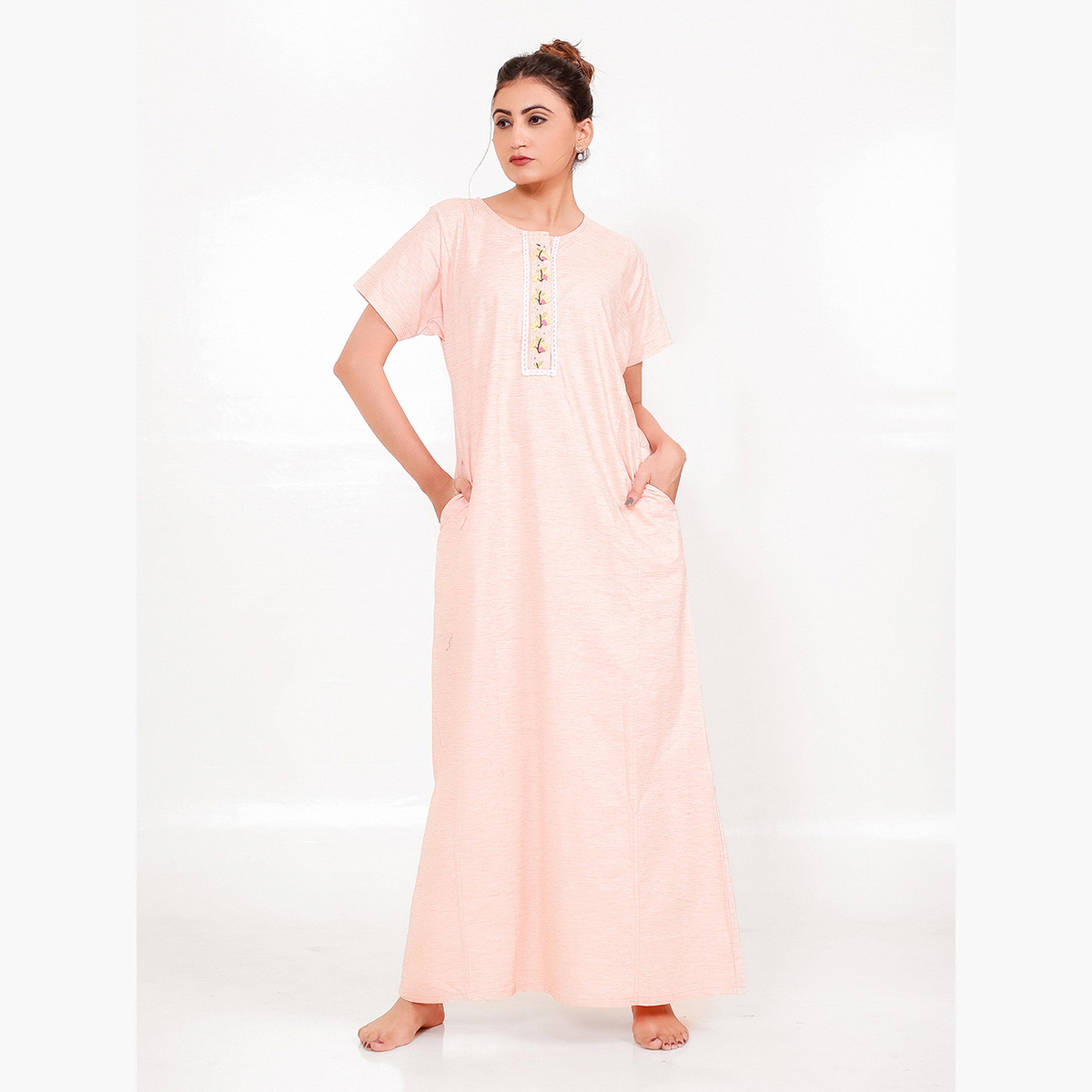 The Kaftan Company X Styli Peach Cotton Viscose Nightdress with Embroidered Placket-women-clothing-nightwear-nighties-image-1