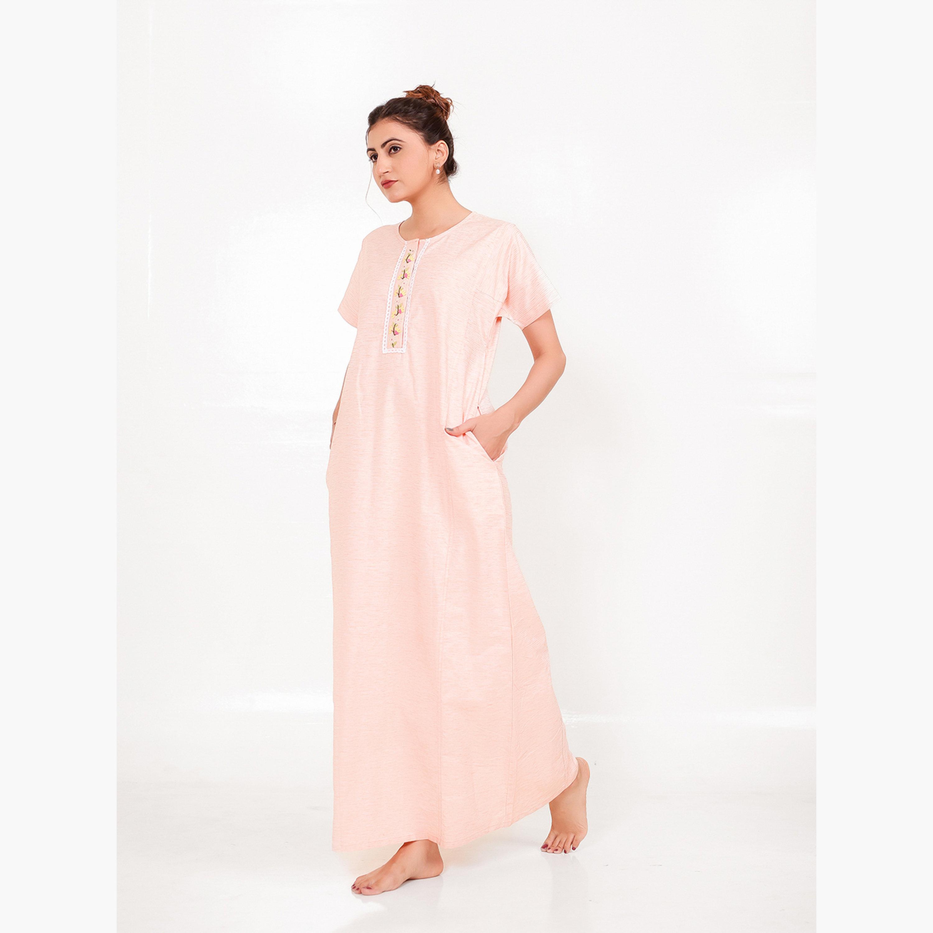 The Kaftan Company X Styli Peach Cotton Viscose Nightdress with Embroidered Placket-women-clothing-nightwear-nighties-image-2
