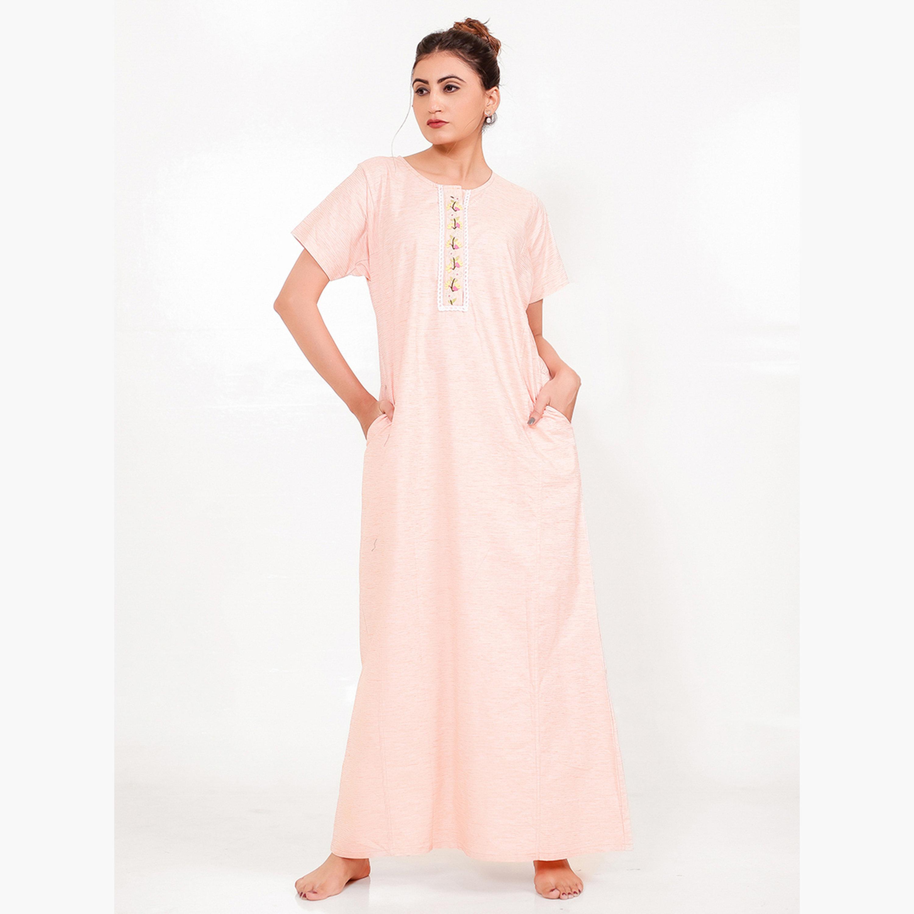 The Kaftan Company X Styli Peach Cotton Viscose Nightdress with Embroidered Placket-women-clothing-nightwear-nighties-image-3
