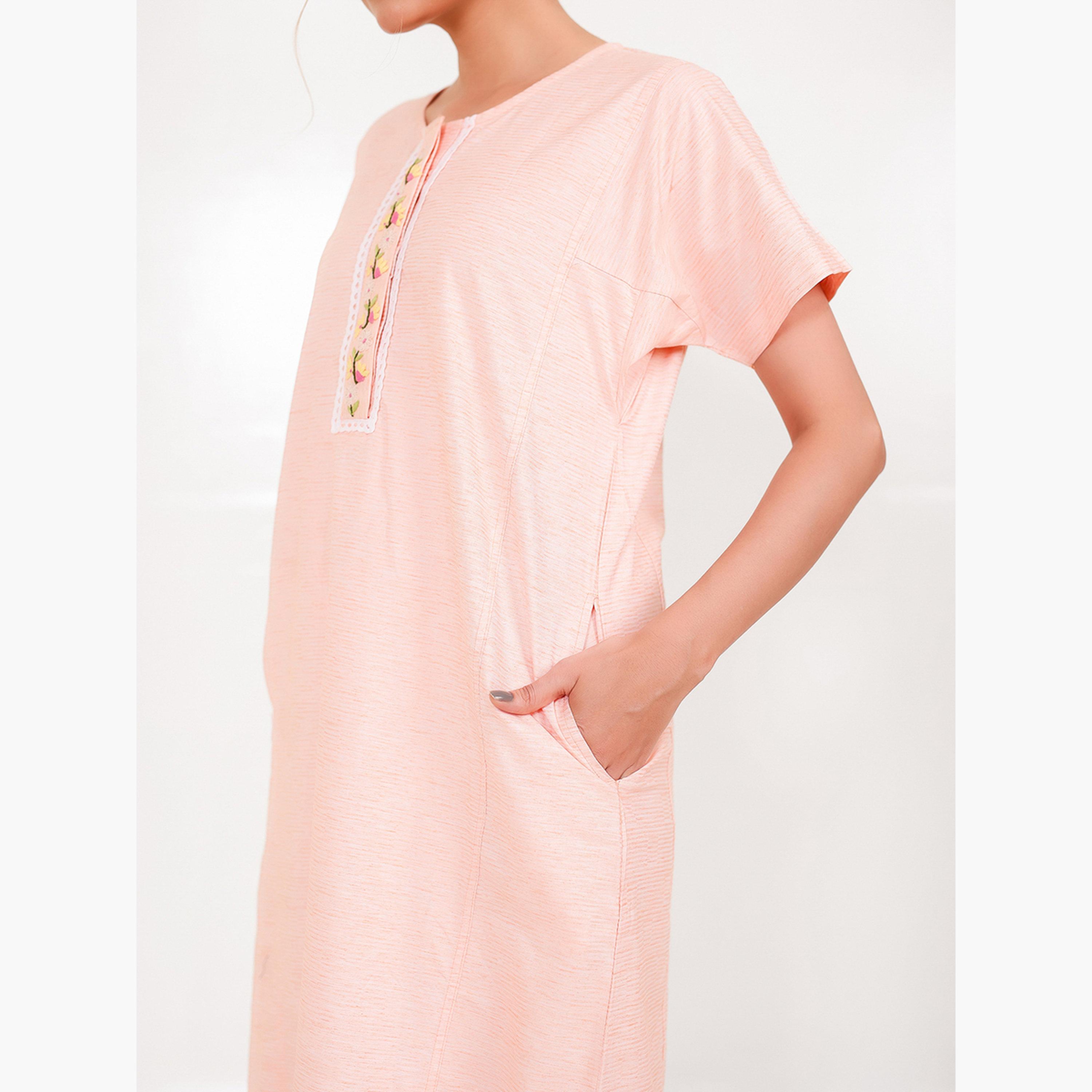The Kaftan Company X Styli Peach Cotton Viscose Nightdress with Embroidered Placket-women-clothing-nightwear-nighties-image-5