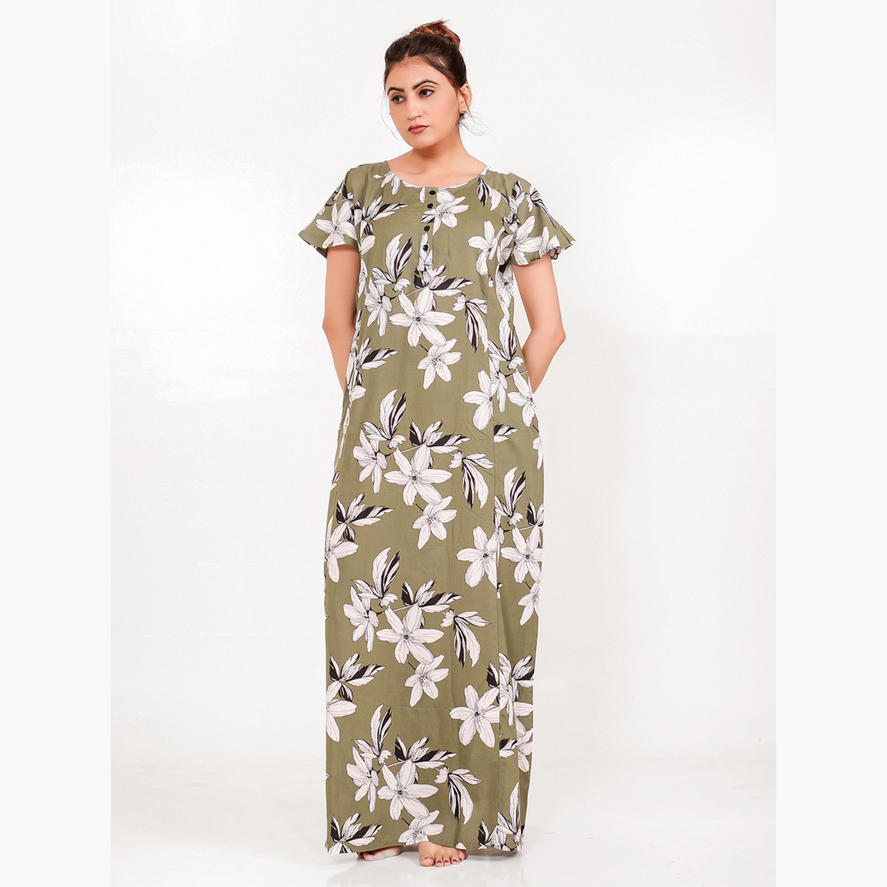 The Kaftan Company X Styli Olive Floral Viscose Rayon Nightdress with Pocket-women-clothing-nightwear-nighties-image-1