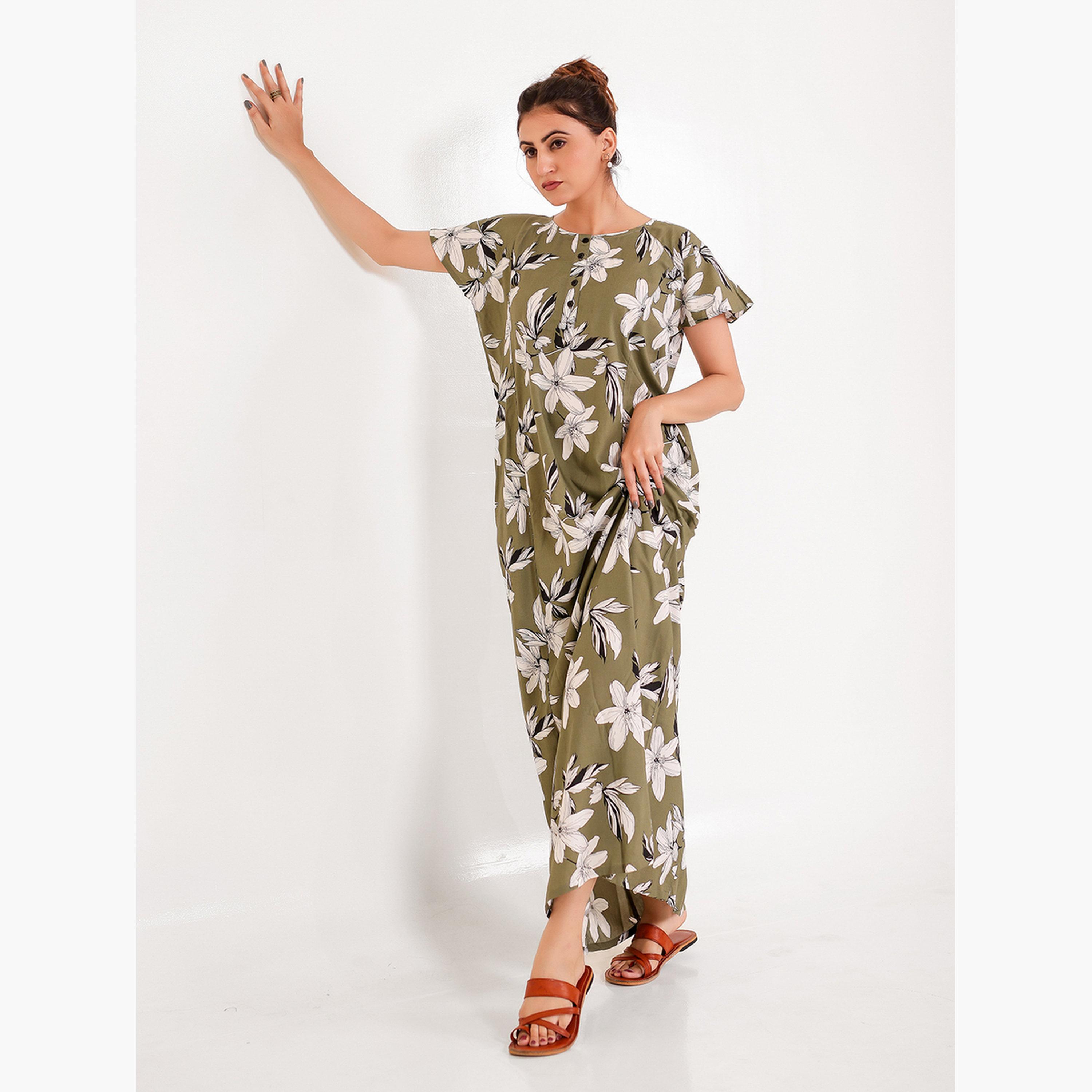 The Kaftan Company X Styli Olive Floral Viscose Rayon Nightdress with Pocket-women-clothing-nightwear-nighties-image-2