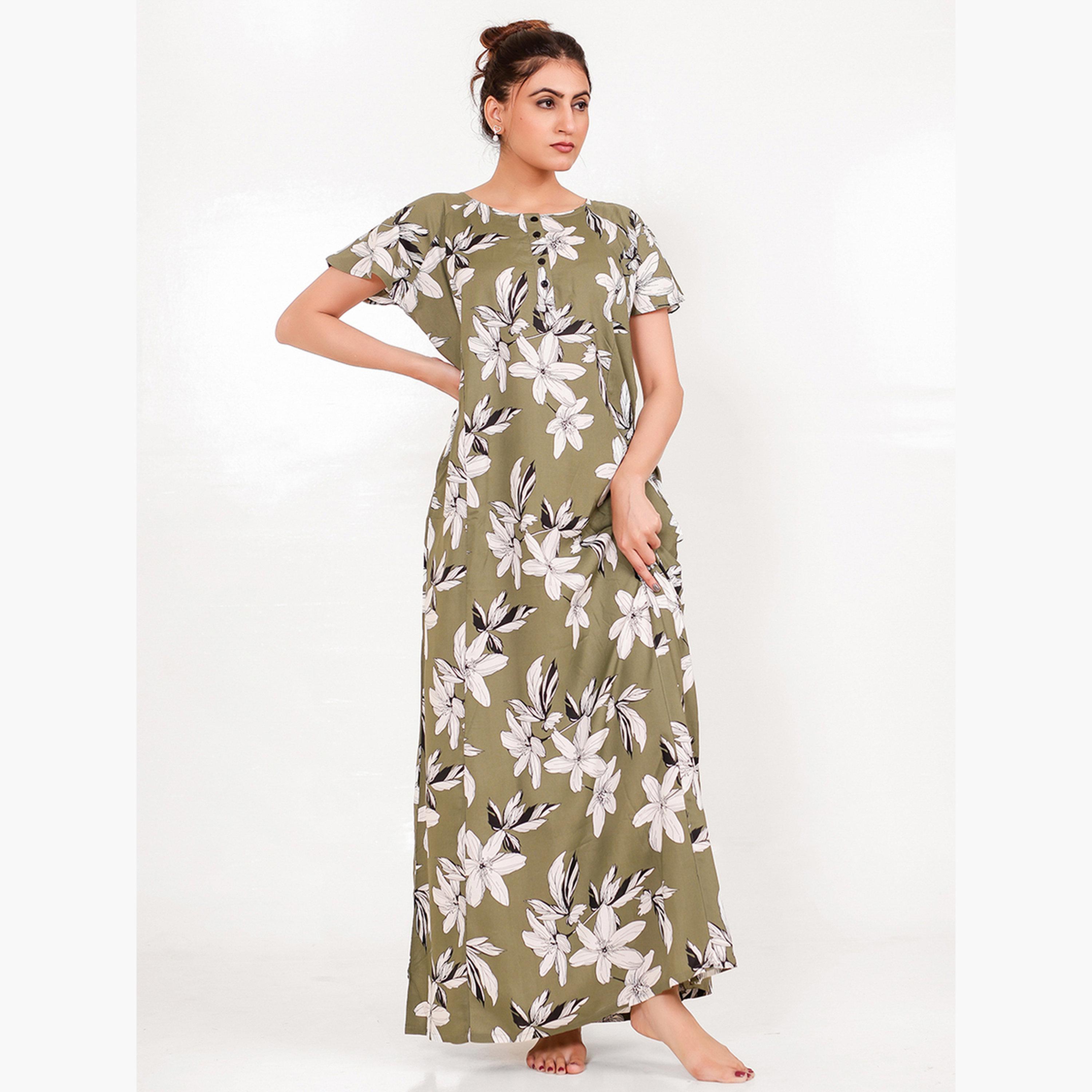 The Kaftan Company X Styli Olive Floral Viscose Rayon Nightdress with Pocket-women-clothing-nightwear-nighties-image-3