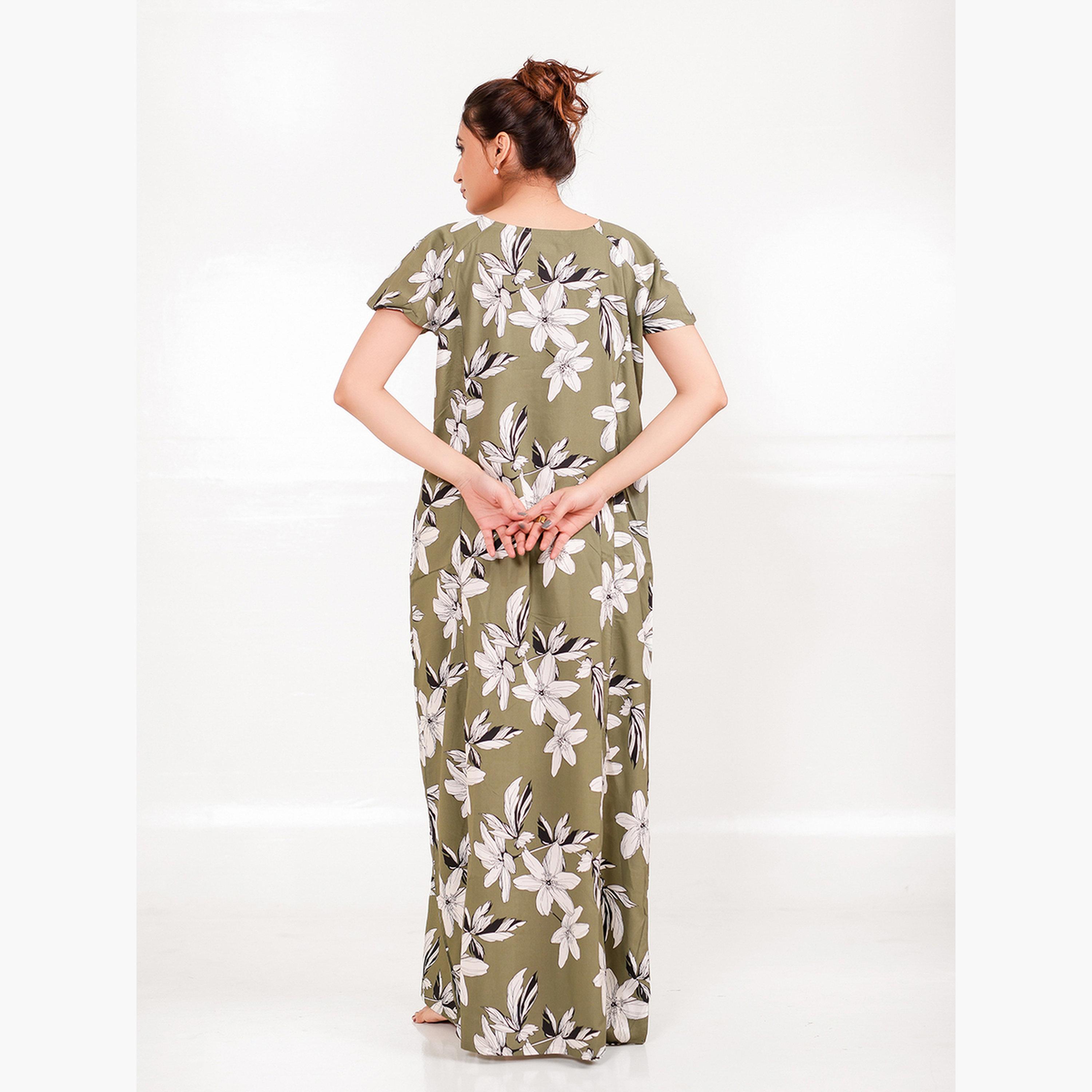 The Kaftan Company X Styli Olive Floral Viscose Rayon Nightdress with Pocket-women-clothing-nightwear-nighties-image-4