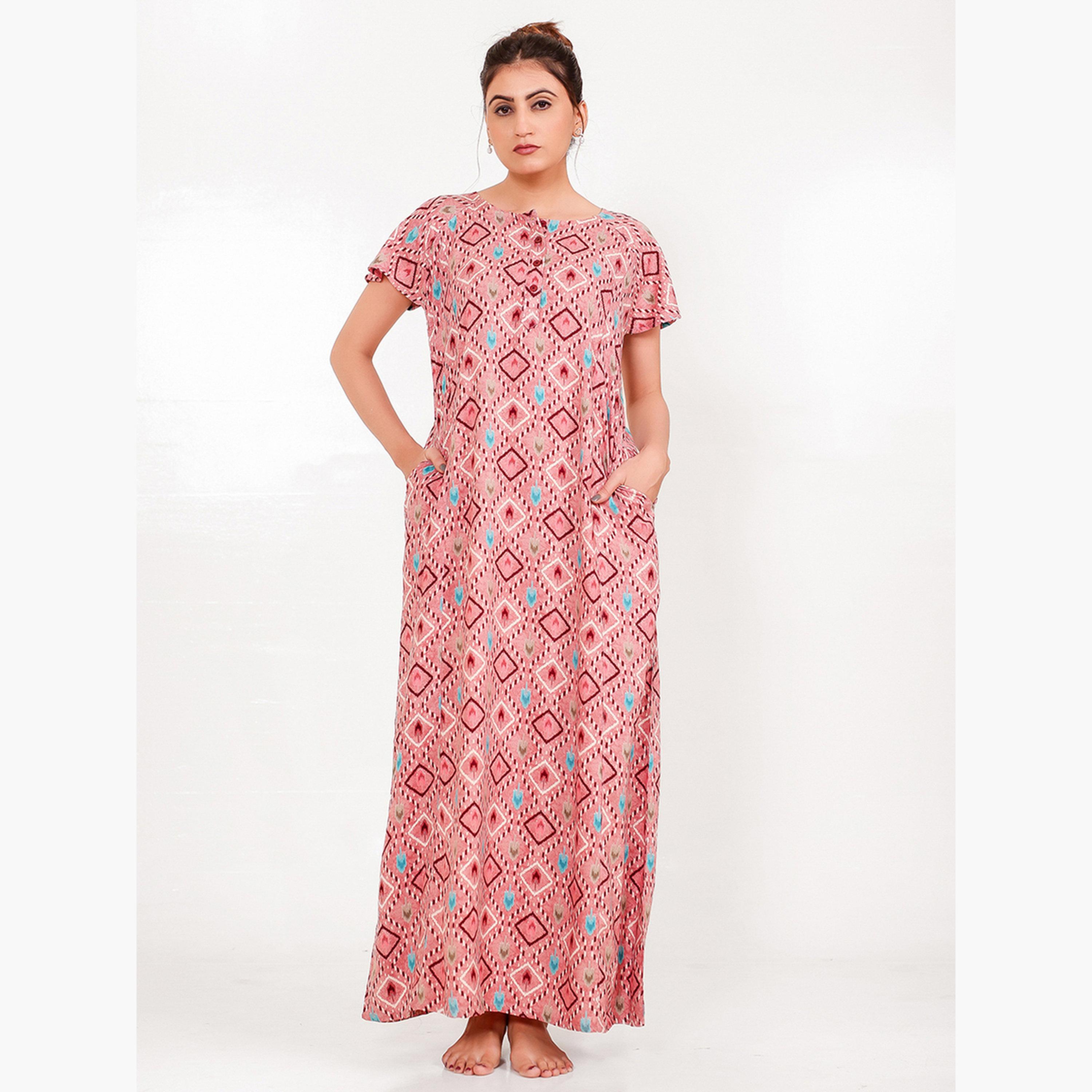 The Kaftan Company X Styli Pink Ikat Print Viscose Rayon Nightdress-women-clothing-nightwear-nighties-image-1