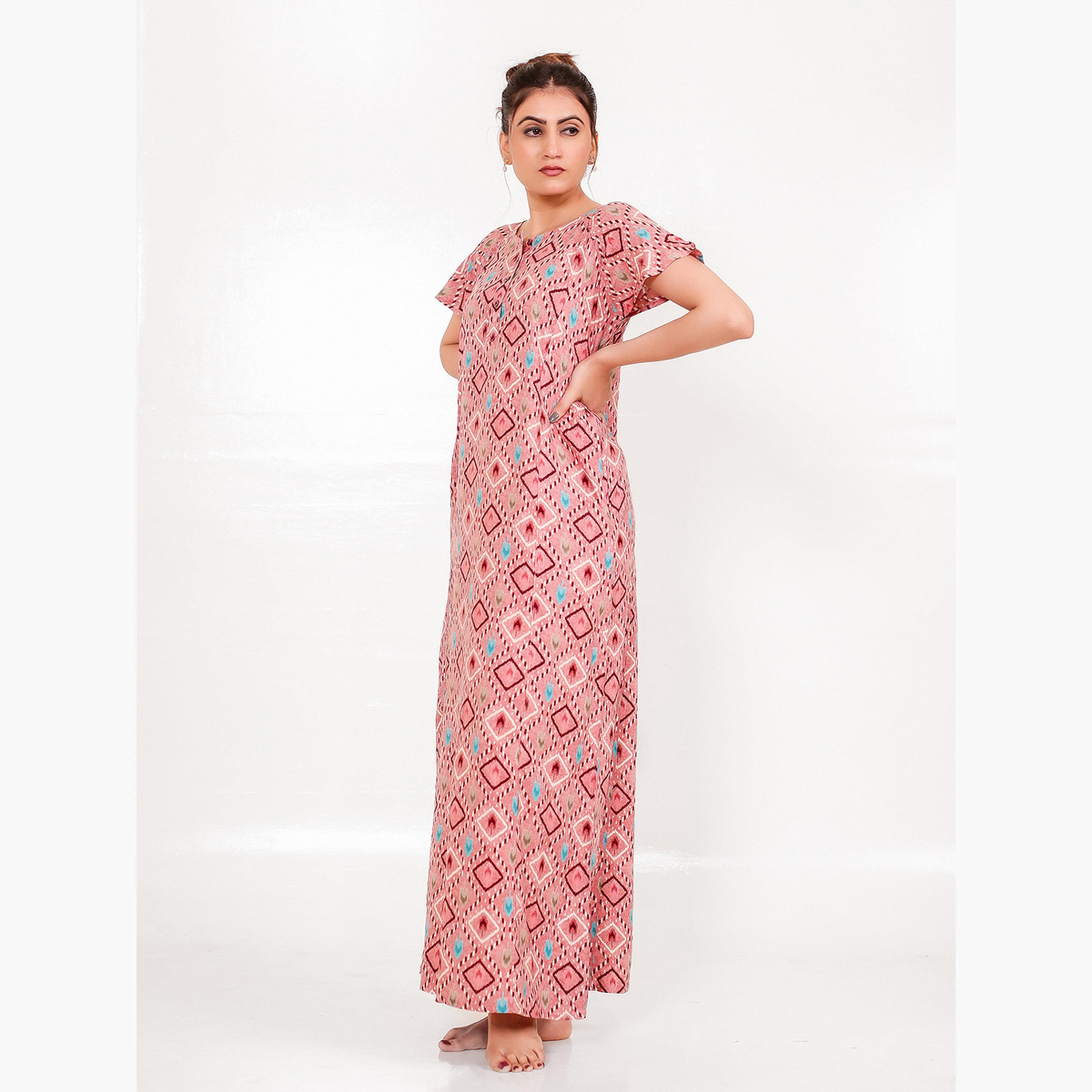 The Kaftan Company X Styli Pink Ikat Print Viscose Rayon Nightdress-women-clothing-nightwear-nighties-image-2