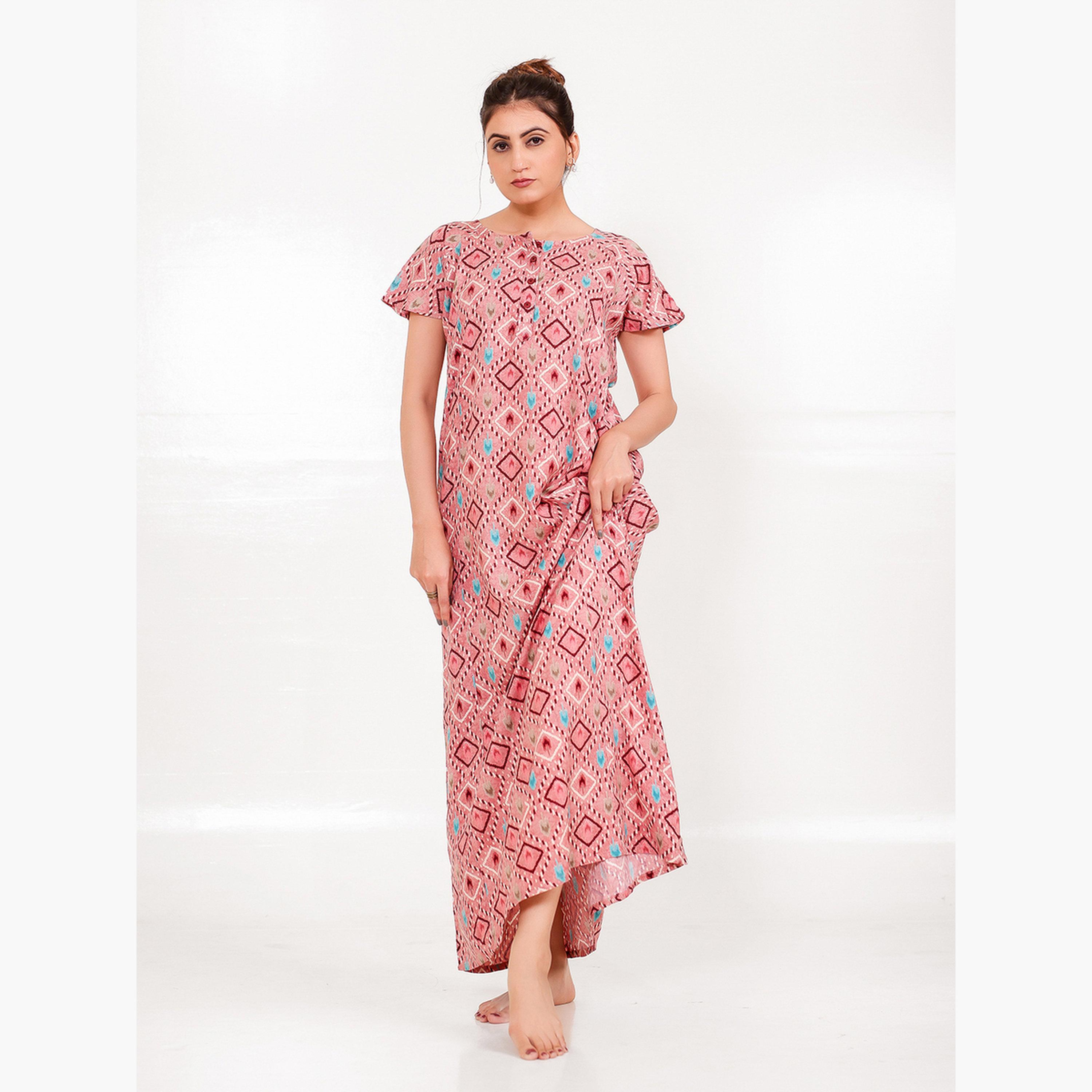 The Kaftan Company X Styli Pink Ikat Print Viscose Rayon Nightdress-women-clothing-nightwear-nighties-image-3